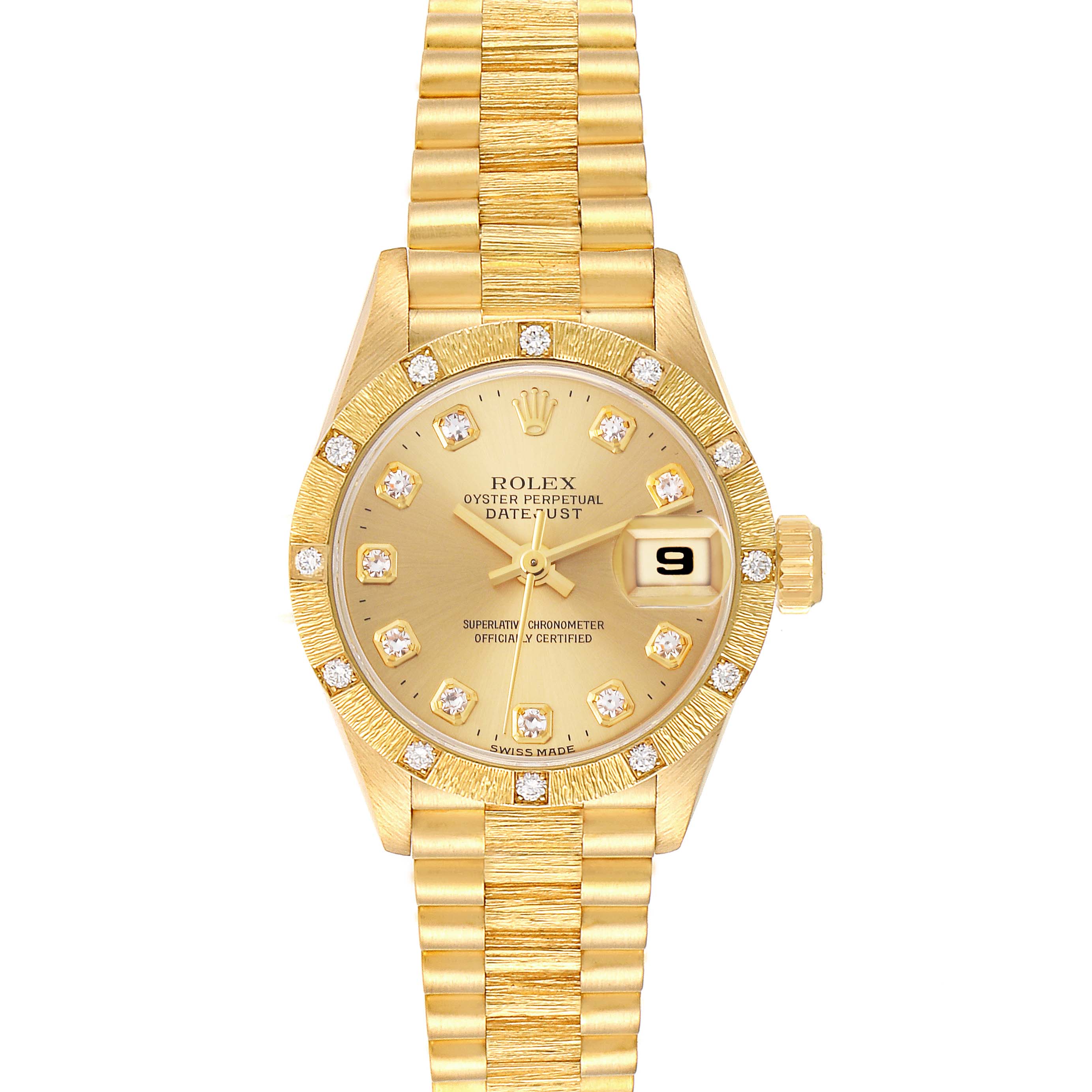 The image shows a frontal view of the Rolex President 69288 Women's Yellow Gold Champagne Dial 69288 Women's Yellow Gold Champagne Dial model watch, highlighting the gold dial, diamond markers, and bracelet.
