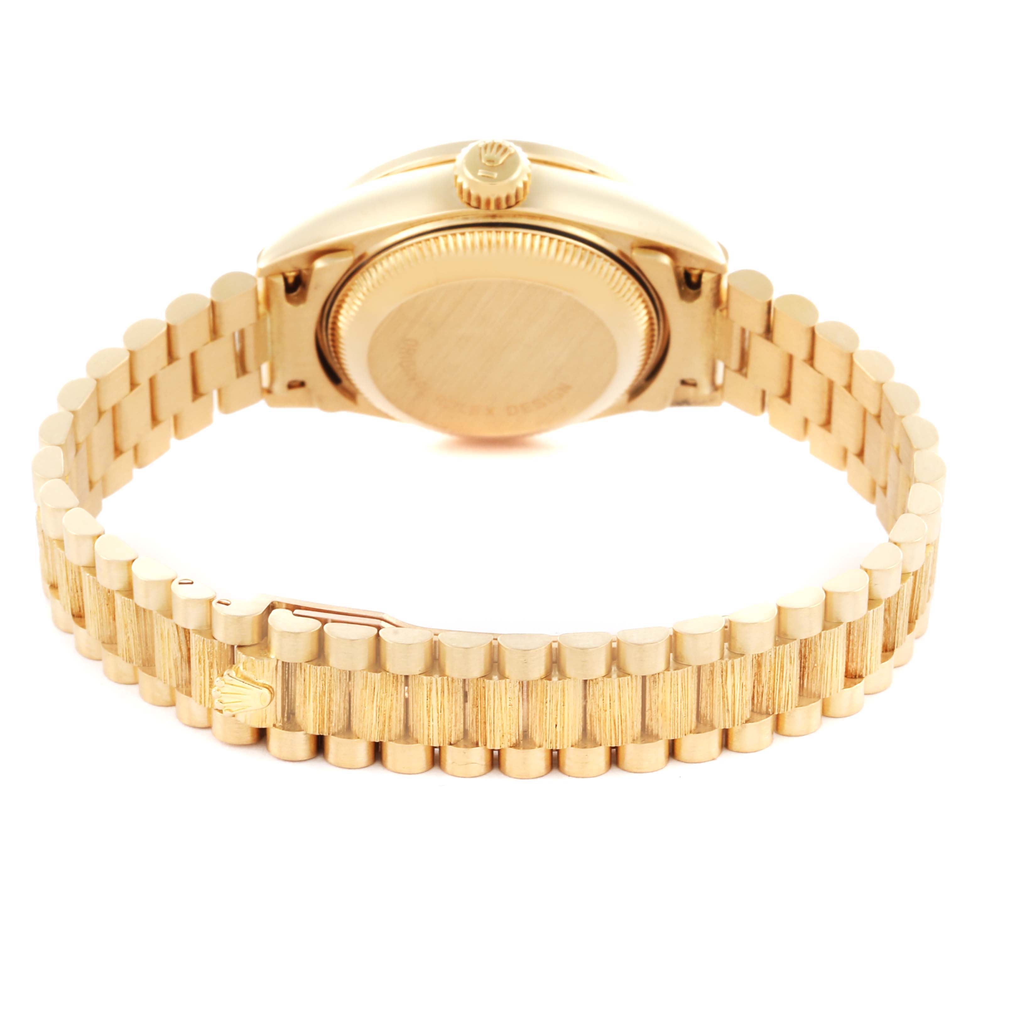 The image shows the back and bracelet of the Rolex President 69288 Women's Yellow Gold Champagne Dial 69288 Women's Yellow Gold Champagne Dial model, highlighting the clasp and case back.
