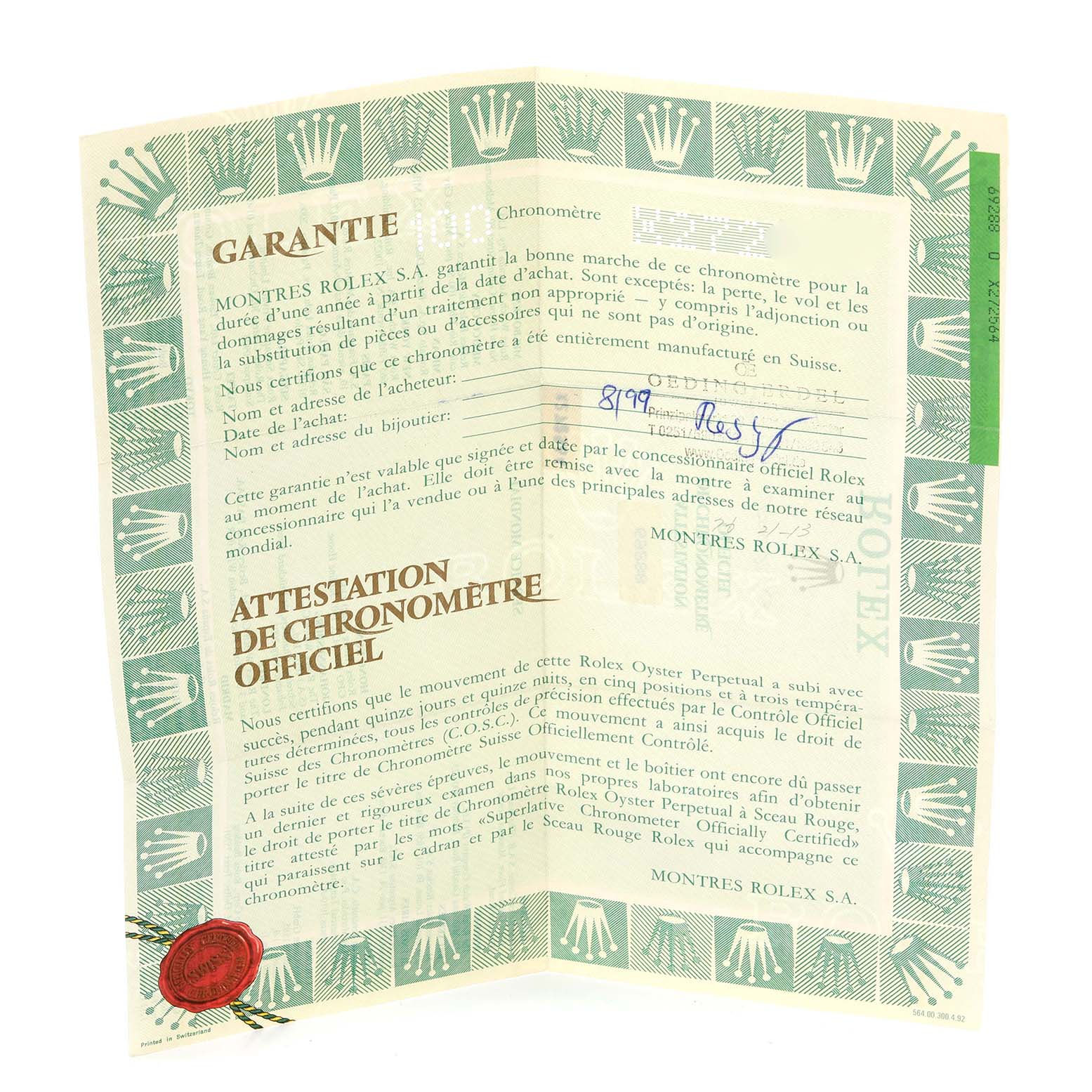 This image shows a warranty certificate for the Rolex President 69288 Women's Yellow Gold Champagne Dial 69288 Women's Yellow Gold Champagne Dial model, featuring text and a decorative border with the Rolex logo.