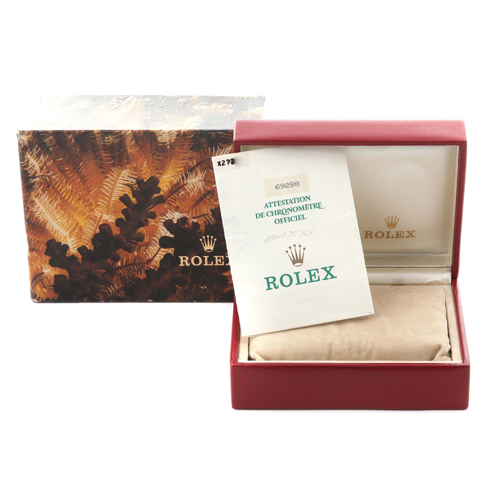 The image shows a Rolex President 69288 Women's Yellow Gold Champagne Dial 69288 Women's Yellow Gold Champagne Dial watch box, certificate, and packaging from a front angle.