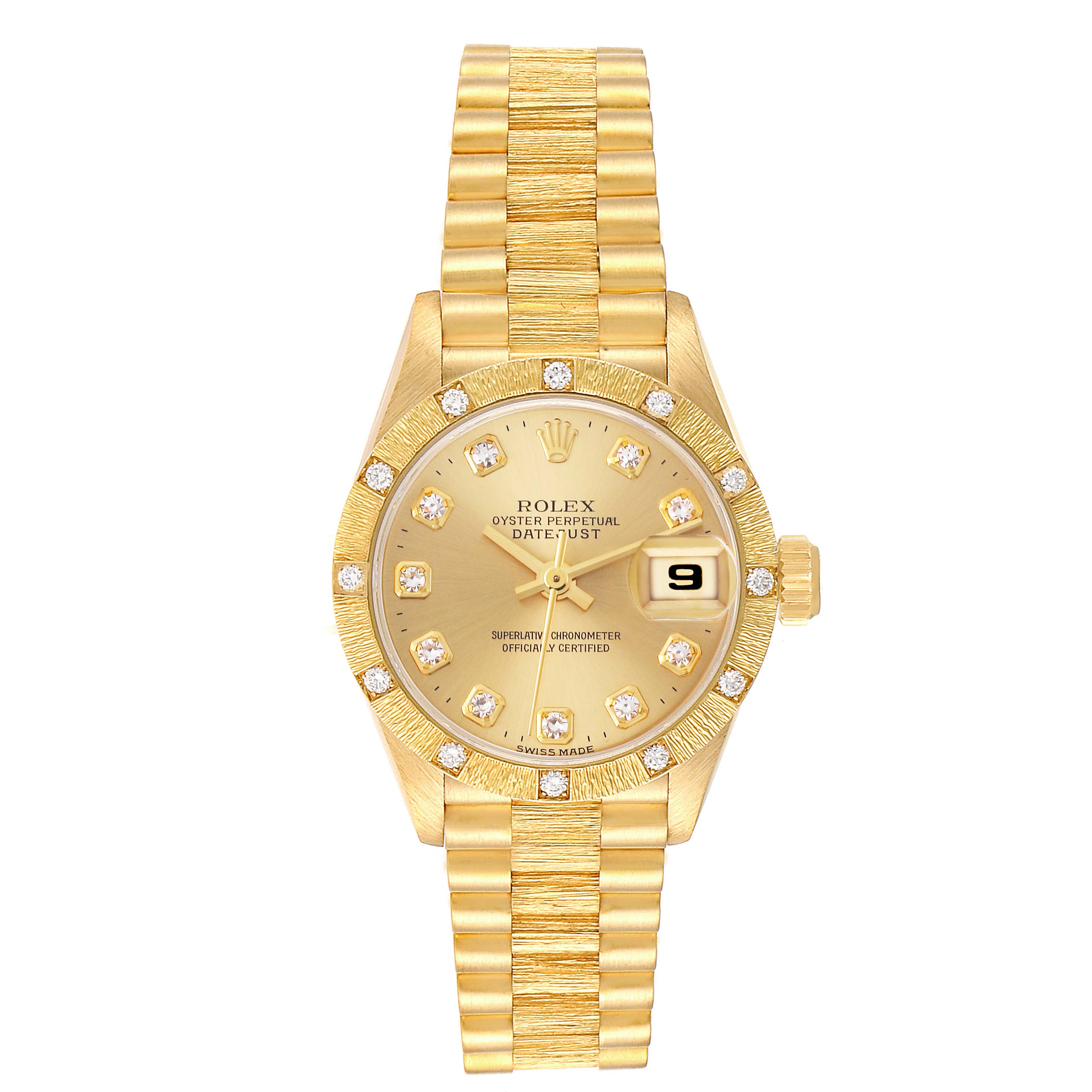 The Rolex President 69288 Women's Yellow Gold Champagne Dial 69288 Women's Yellow Gold Champagne Dial watch is shown from a top-down angle, displaying the face, bezel, and bracelet clearly.