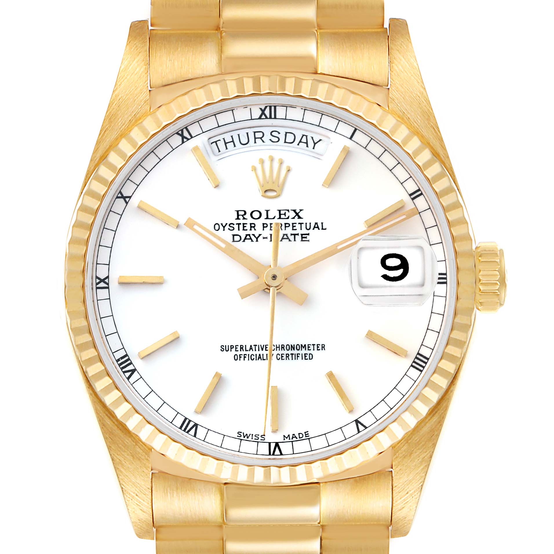 The image shows a front view of the Rolex President 18038 Men's Yellow Gold White Dial 18038 Men's Yellow Gold White Dial model watch, highlighting the dial, day, date window, and part of the band.