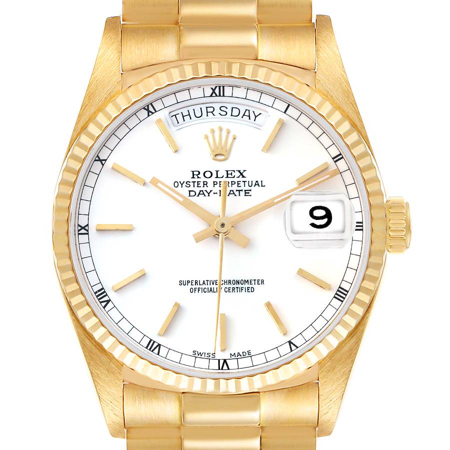 Rolex President Day-Date 36mm Yellow Gold White Dial Mens Watch 18038 SwissWatchExpo
