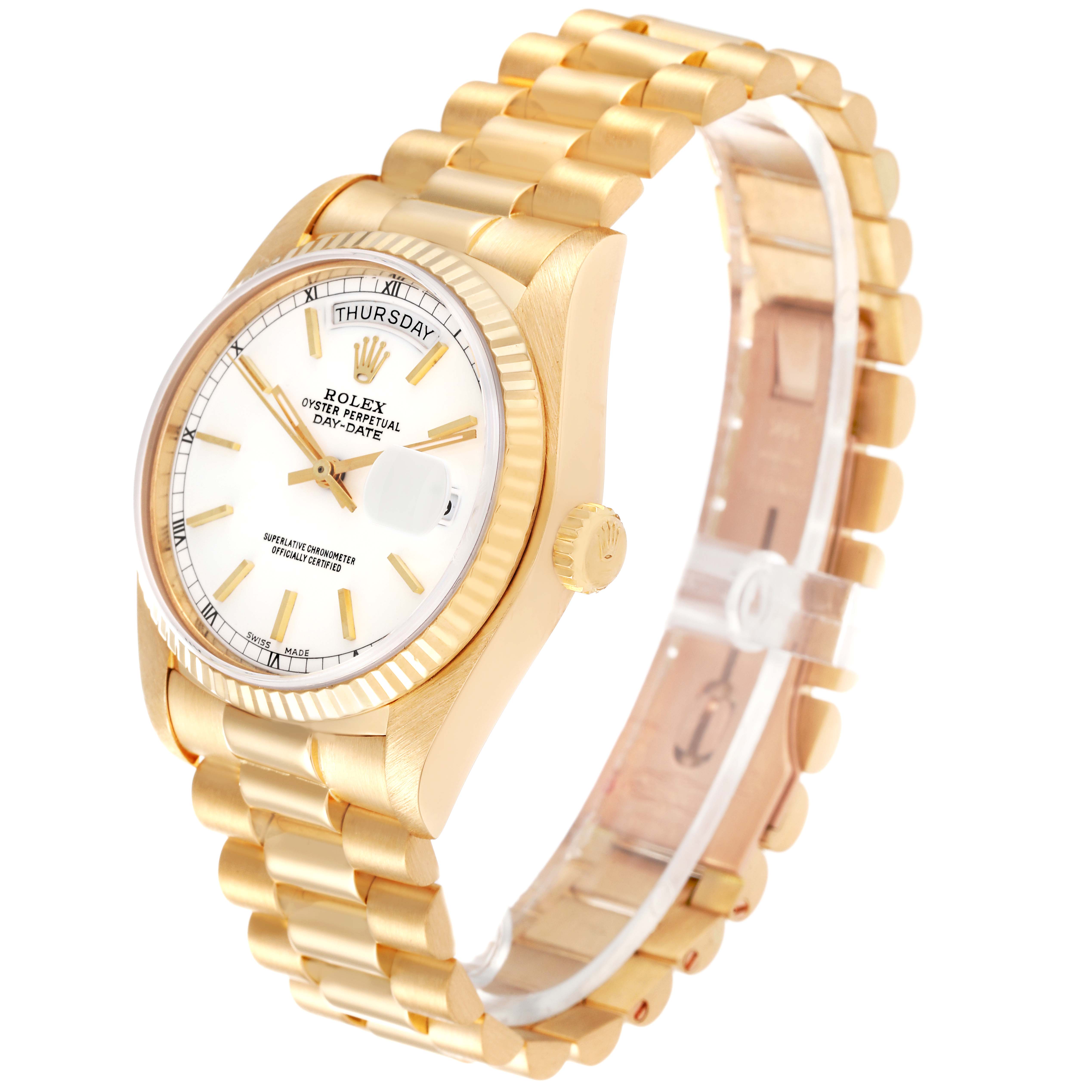 The Rolex President 18038 Men's Yellow Gold White Dial 18038 Men's Yellow Gold White Dial watch model is shown at an angled view, highlighting the face, bezel, crown, and bracelet.