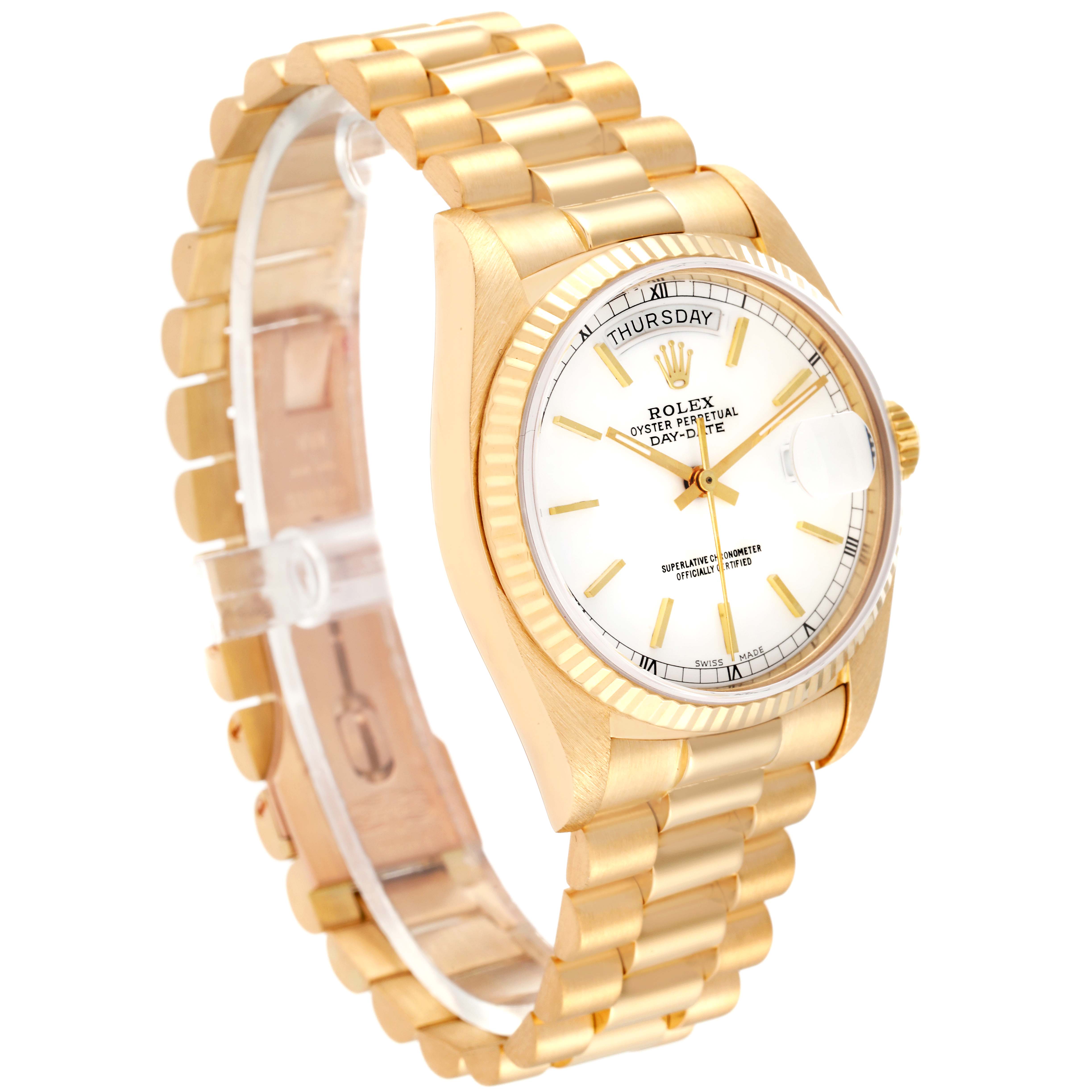 The image shows a Rolex President 18038 Men's Yellow Gold White Dial 18038 Men's Yellow Gold White Dial model watch at an angled view, highlighting the gold bracelet, white dial, and date display.