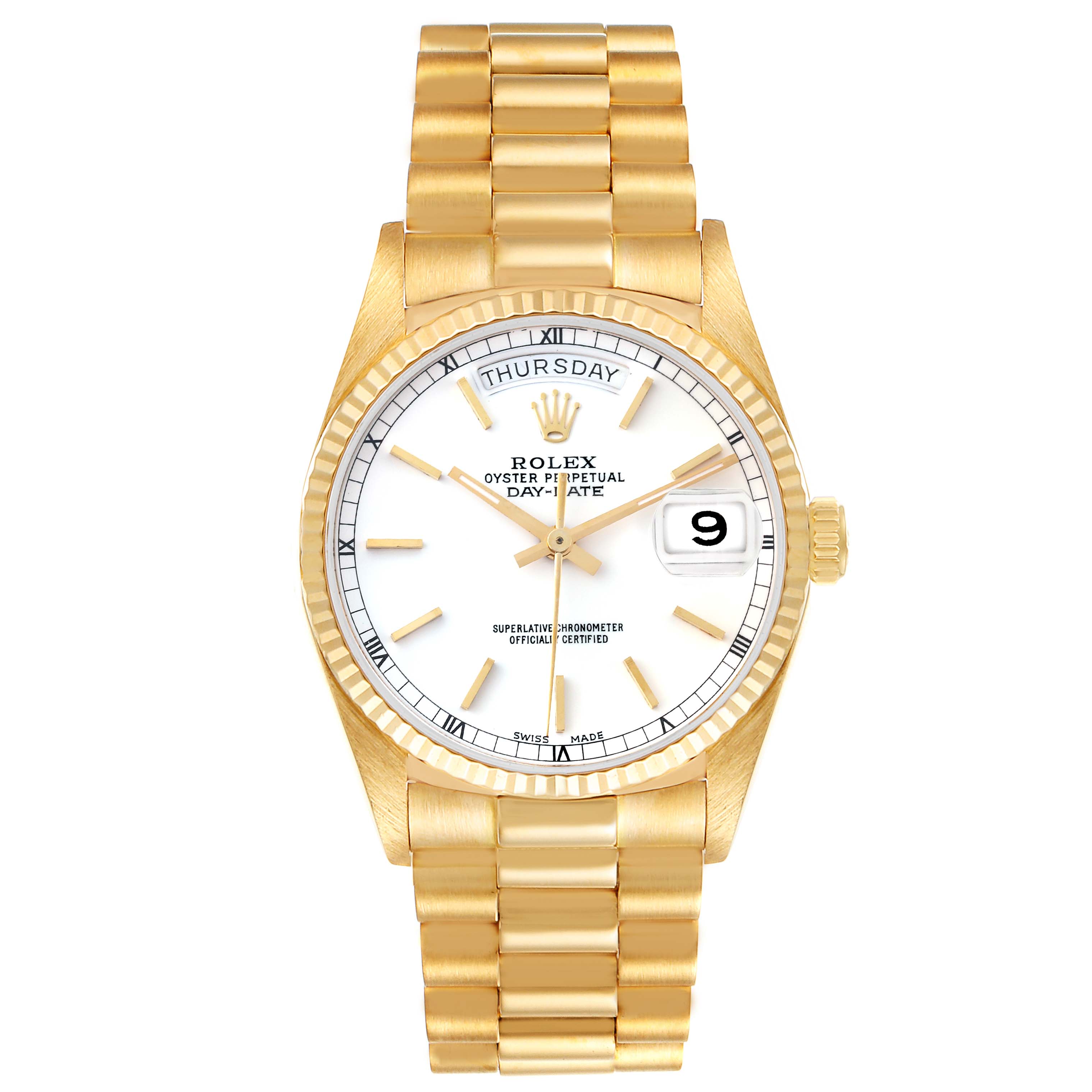 The image shows a front view of a Rolex President 18038 Men's Yellow Gold White Dial 18038 Men's Yellow Gold White Dial model watch, displaying its gold bracelet, white dial, and fluted bezel.