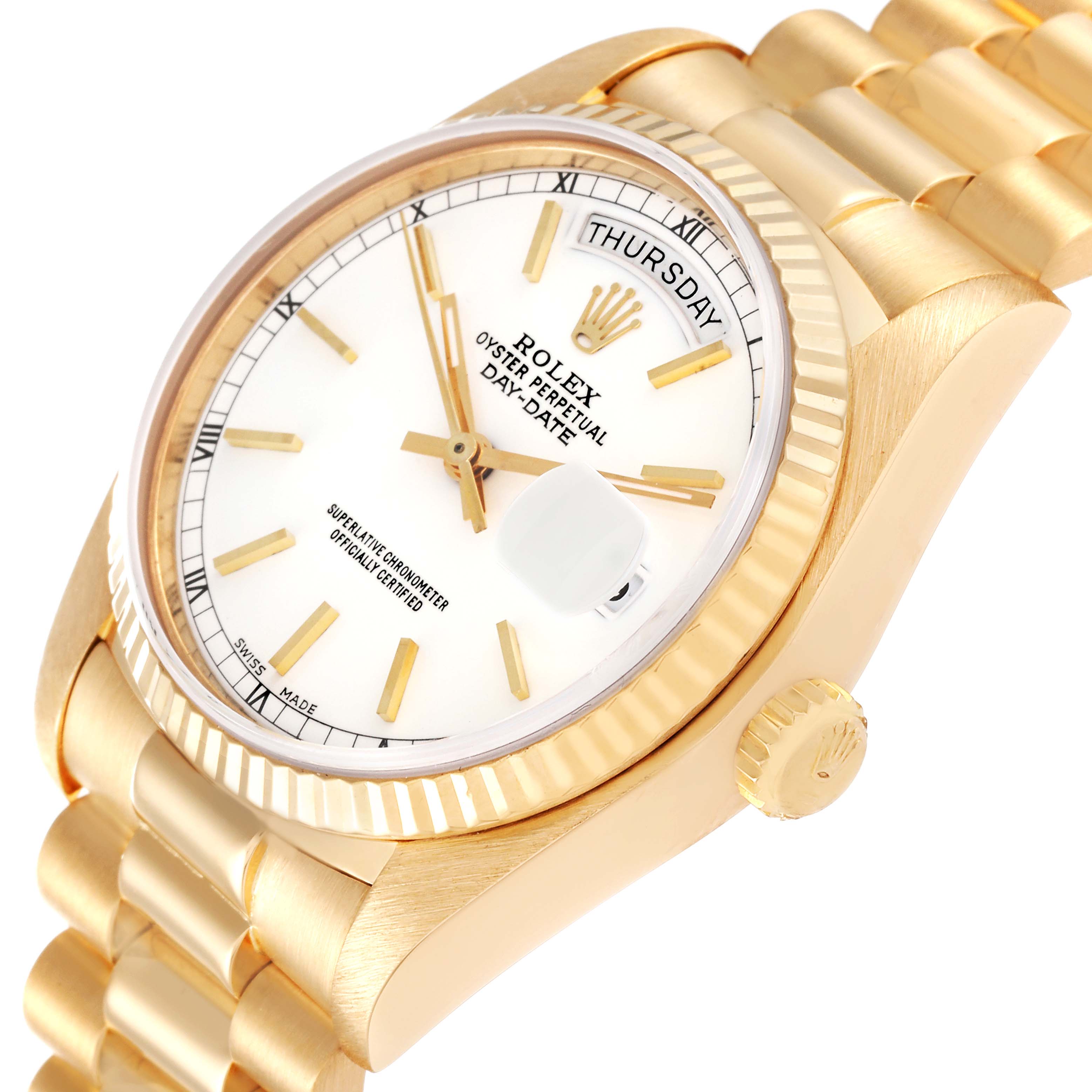 The image shows a side angle view of a Rolex President 18038 Men's Yellow Gold White Dial 18038 Men's Yellow Gold White Dial watch, highlighting the face, bezel, crown, and part of the bracelet.
