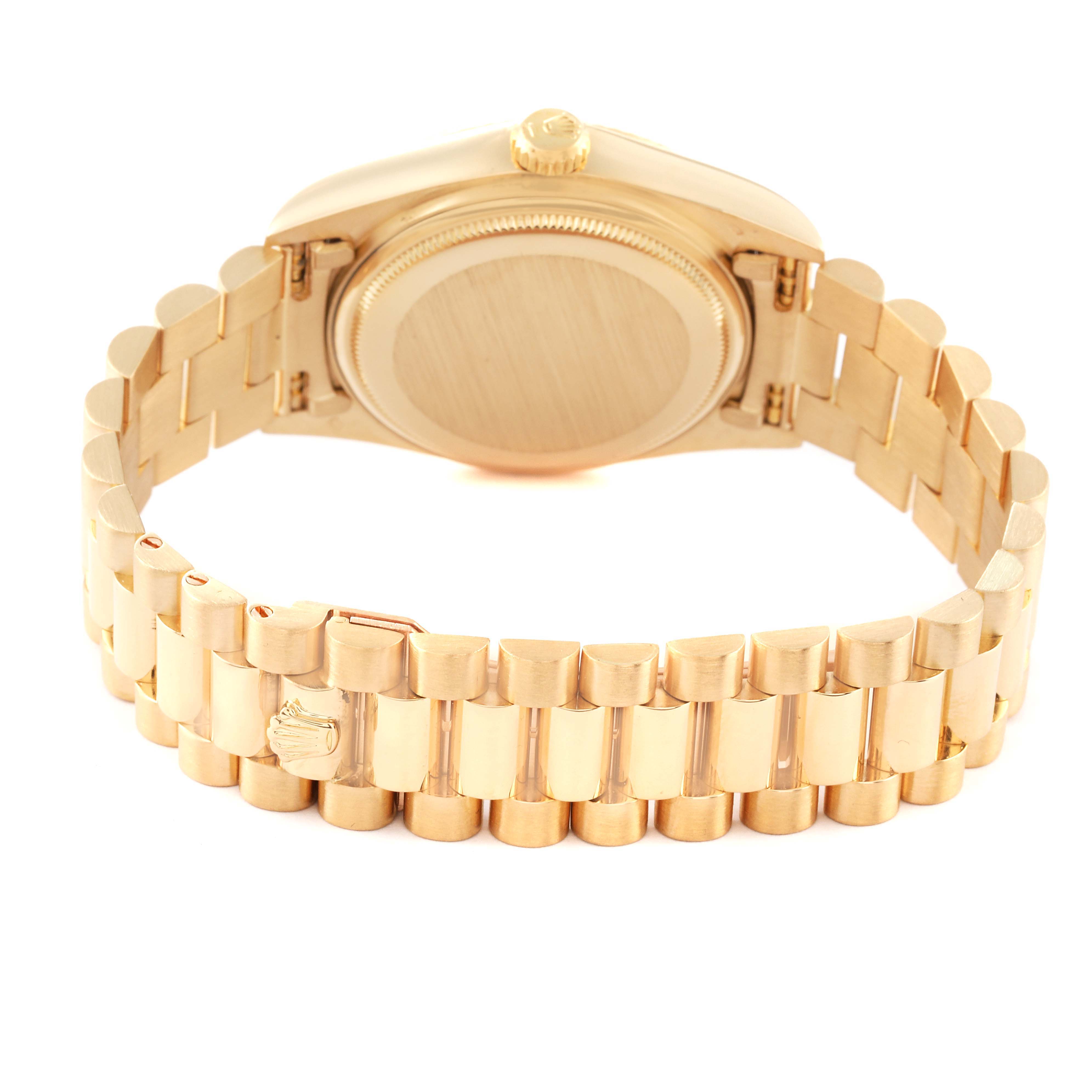 The image shows the back angle of the Rolex President 18038 Men's Yellow Gold White Dial 18038 Men's Yellow Gold White Dial model, focusing on its bracelet and case-back.