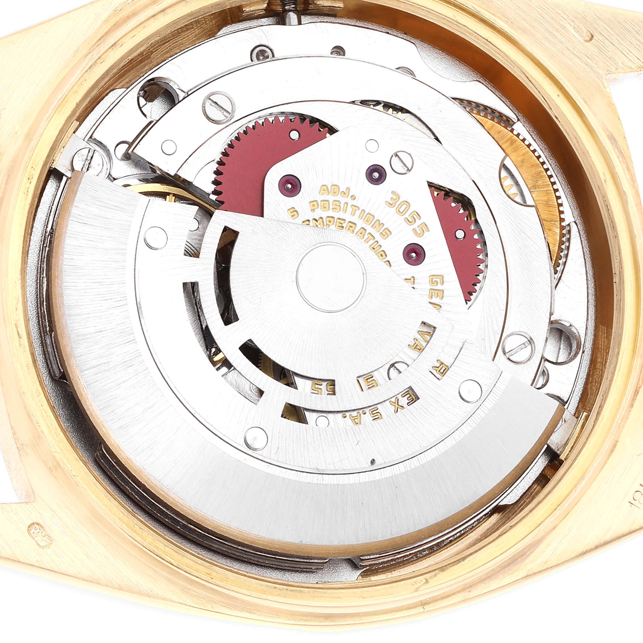 The image shows the internal mechanism and movement of a Rolex President 18038 Men's Yellow Gold White Dial 18038 Men's Yellow Gold White Dial model watch from an overhead angle.