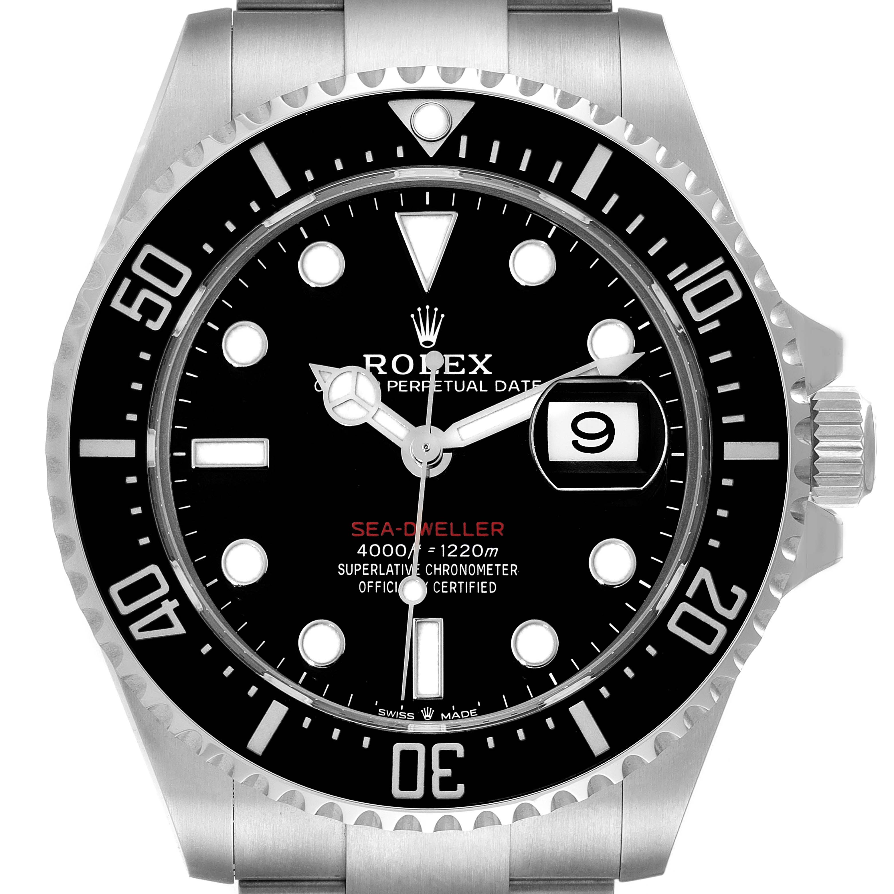 The image shows a front view of the Rolex Sea-Dweller 126600 Men's Stainless Steel Black Dial 126600 Men's Stainless Steel Black Dial watch, showcasing the dial, bezel, date window, and part of the bracelet.
