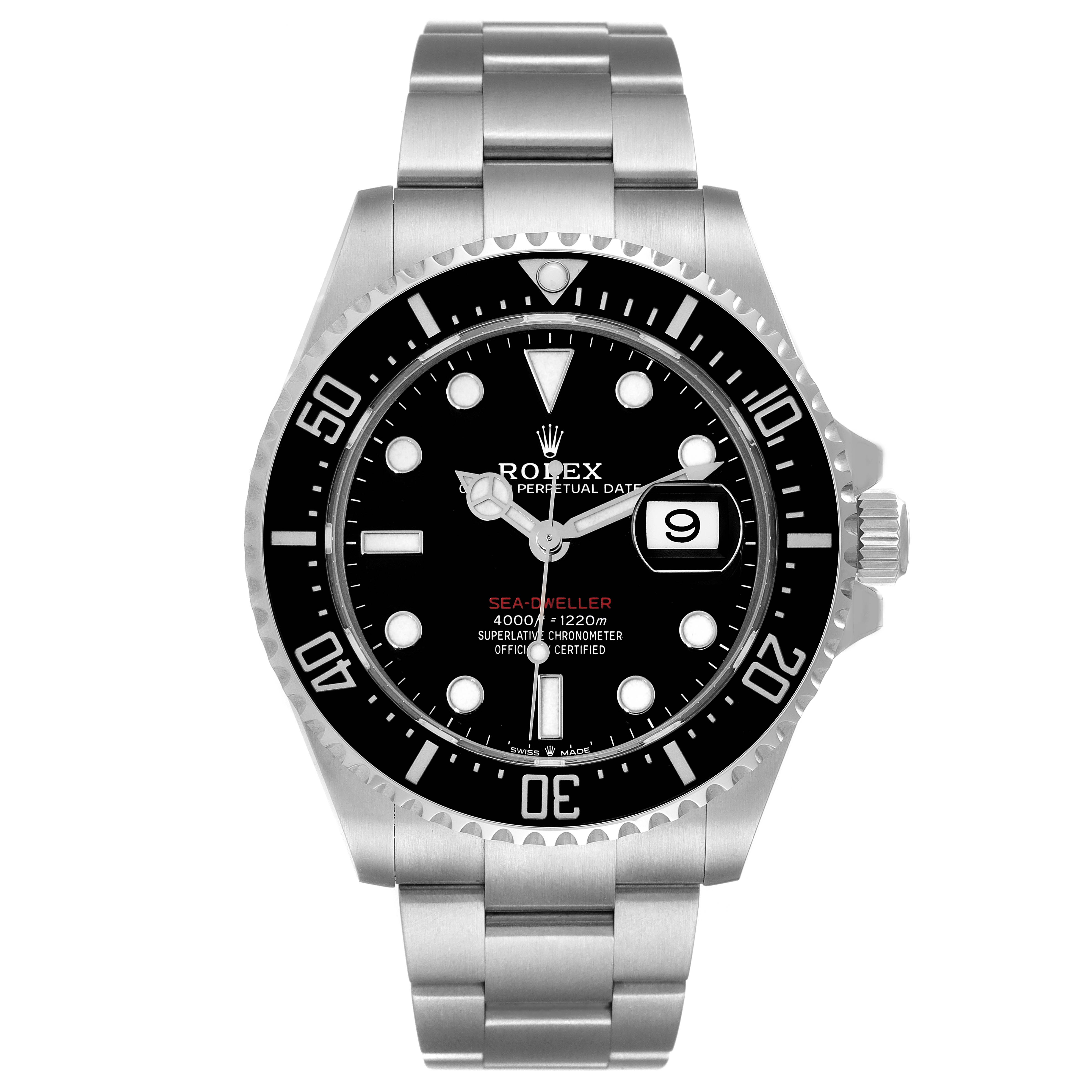 The Rolex Sea-Dweller 126600 Men's Stainless Steel Black Dial 126600 Men's Stainless Steel Black Dial watch is shown from the front, displaying its dial, bezel, and stainless steel bracelet.
