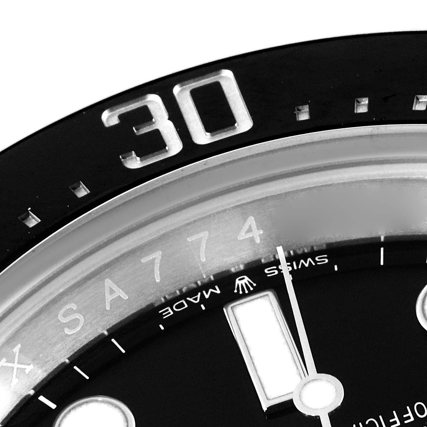 The close-up angle shows the bezel and part of the face of the Rolex Sea-Dweller 126600 Men's Stainless Steel Black Dial 126600 Men's Stainless Steel Black Dial watch, highlighting the 30-minute mark.