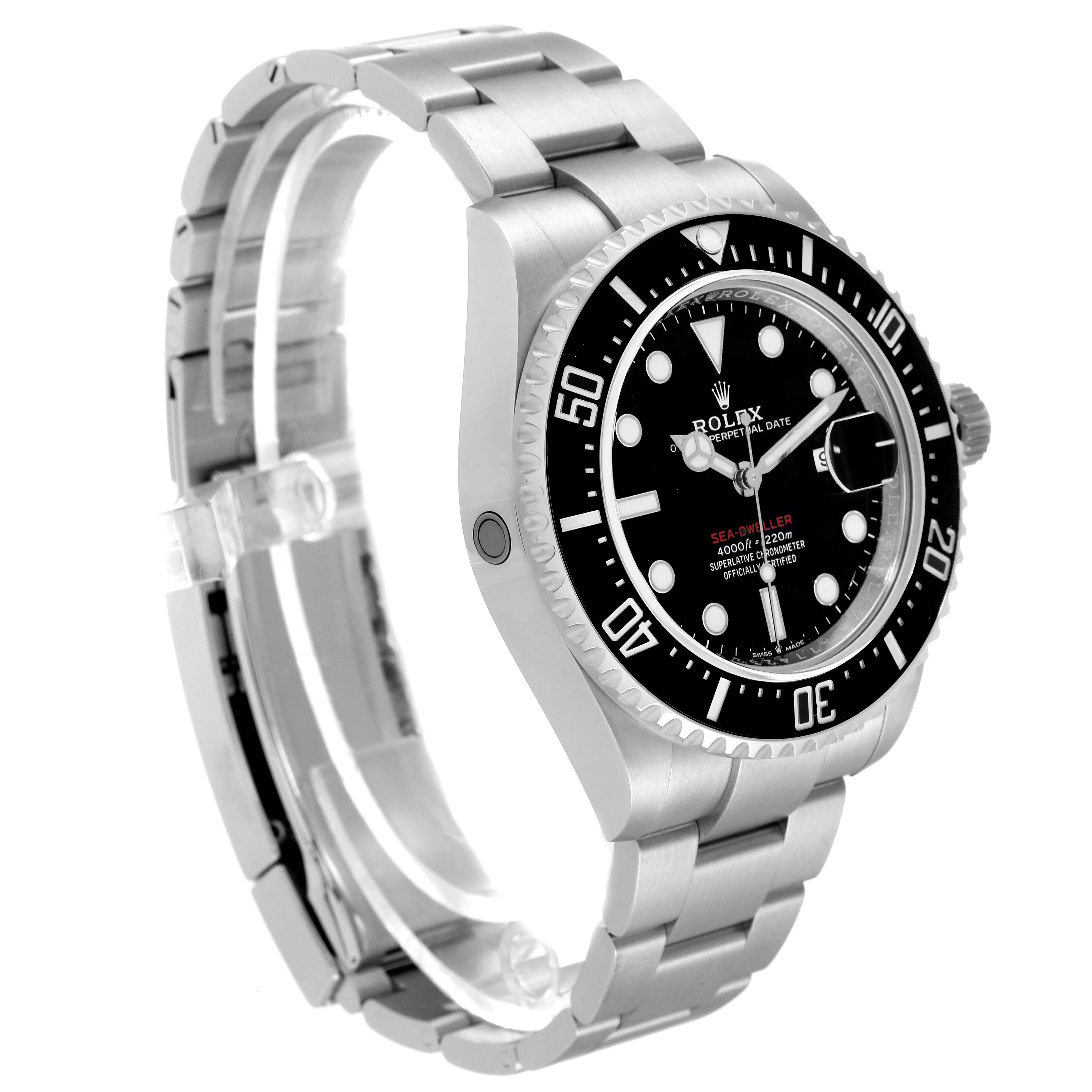 The Rolex Sea-Dweller 126600 Men's Stainless Steel Black Dial 126600 Men's Stainless Steel Black Dial watch is shown at a three-quarter angle, highlighting its face, bezel, crown, and metal bracelet.