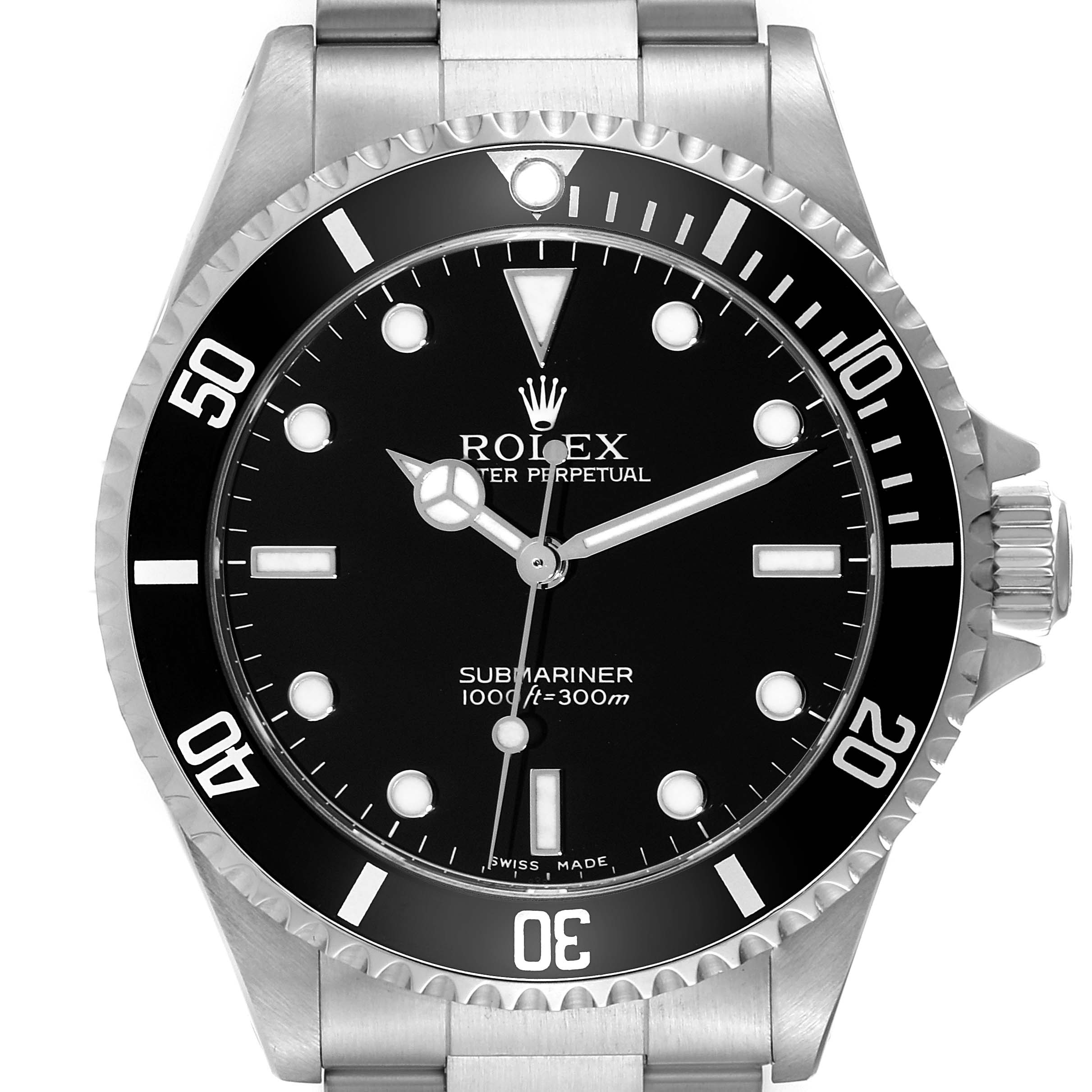 The image shows a Rolex Submariner 14060M Men
s Stainless Steel Black Dial 14060M Men
s Stainless Steel Black Dial watch from a front view, highlighting its dial, bezel, hands, and part of the bracelet.