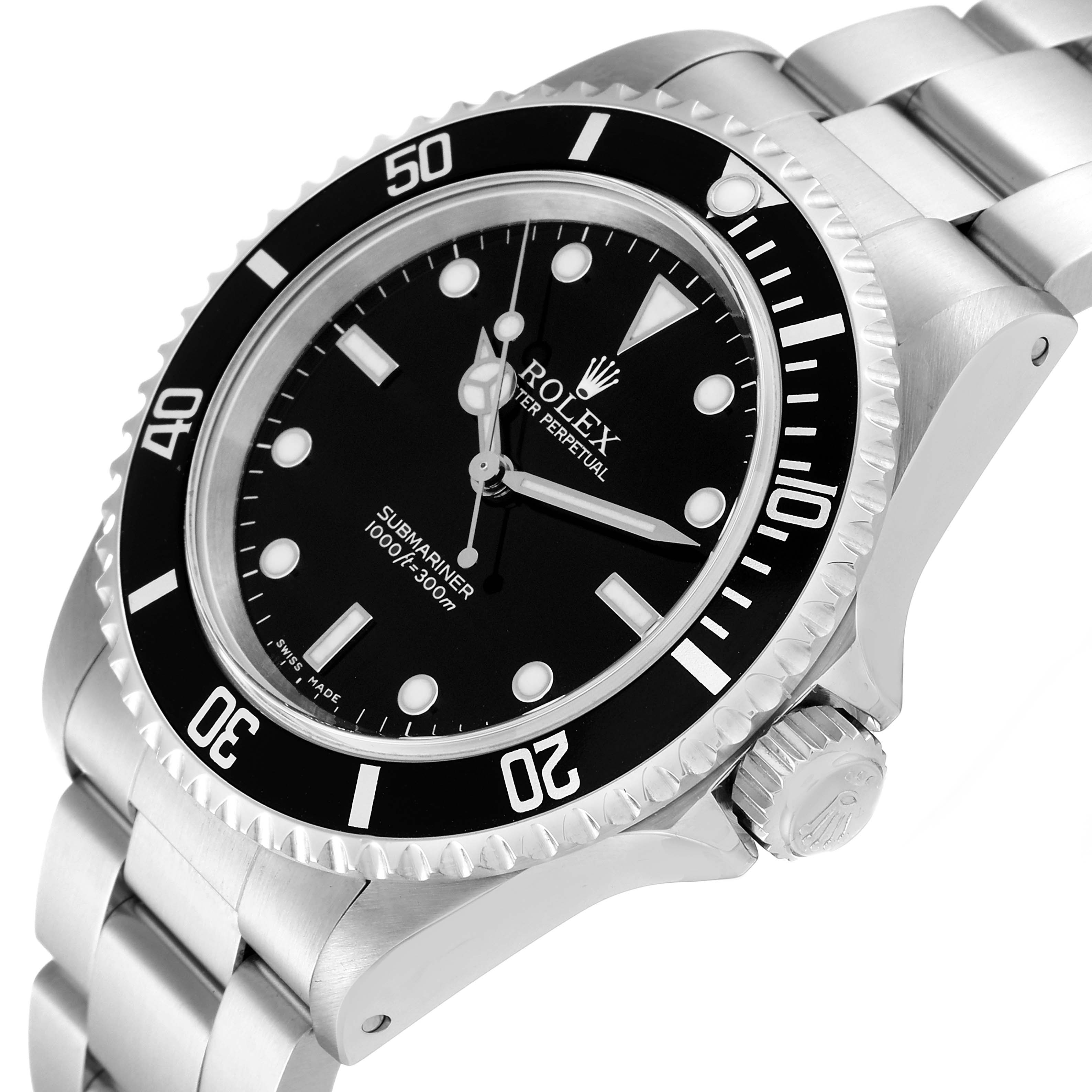 The image shows a Rolex Submariner 14060M Men
s Stainless Steel Black Dial 14060M Men
s Stainless Steel Black Dial watch angled from the front-right, highlighting the bezel, dial, and bracelet.