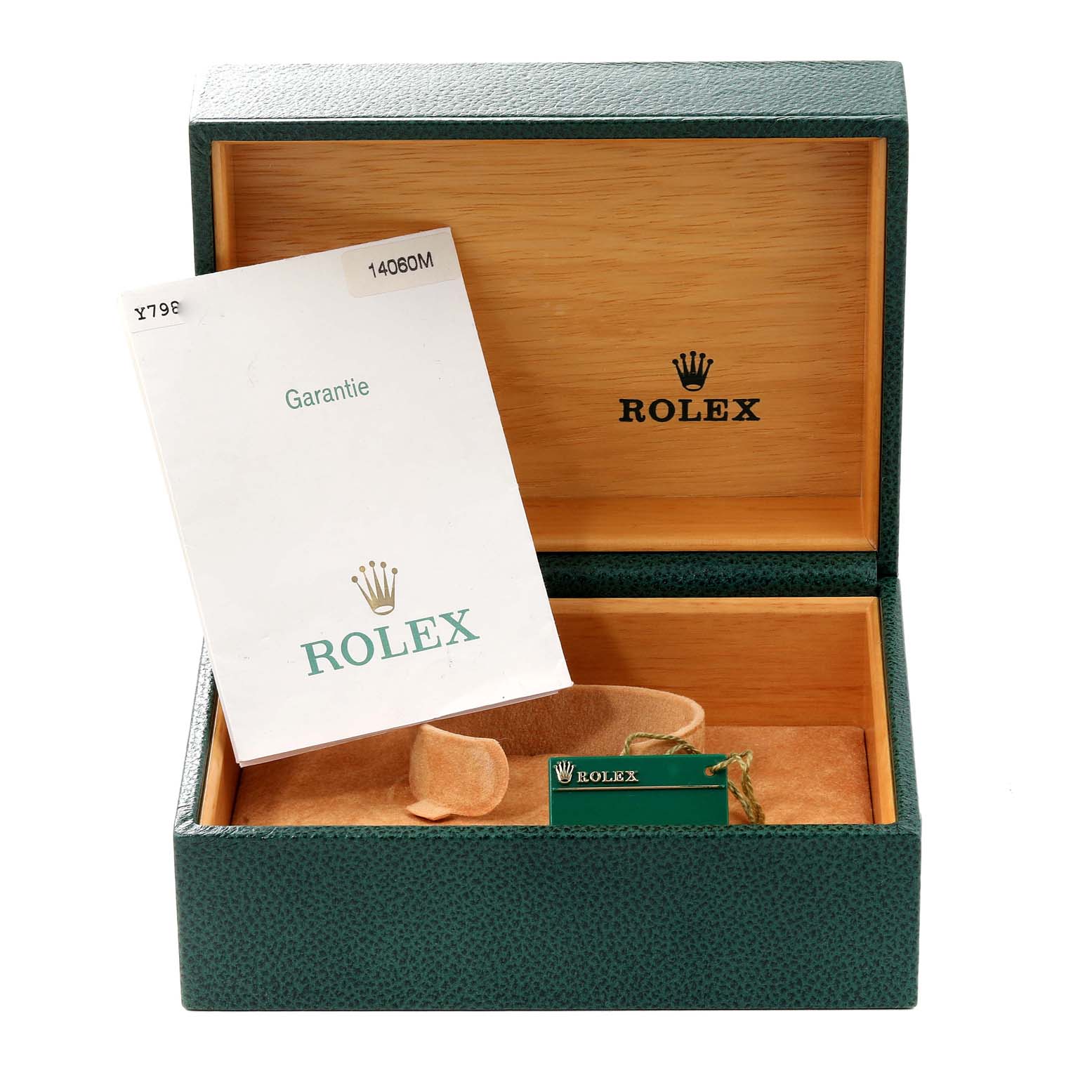The image shows a Rolex Submariner 14060M Men
s Stainless Steel Black Dial 14060M Men
s Stainless Steel Black Dial watch box with warranty paperwork inside, placed at a front angle.