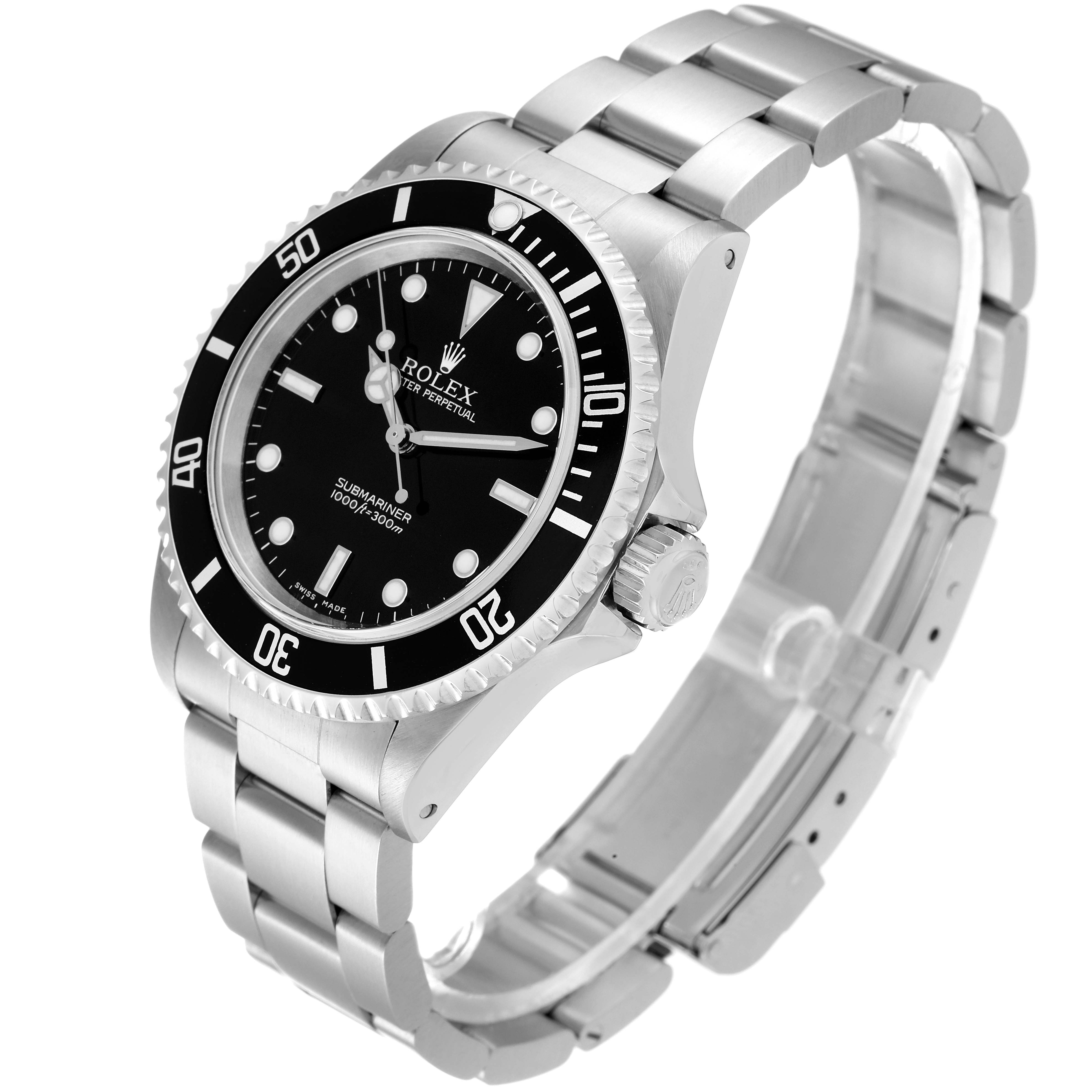 The image shows a Rolex Submariner 14060M Men
s Stainless Steel Black Dial 14060M Men
s Stainless Steel Black Dial watch at a three-quarter view angle, highlighting the dial, bezel, and bracelet.