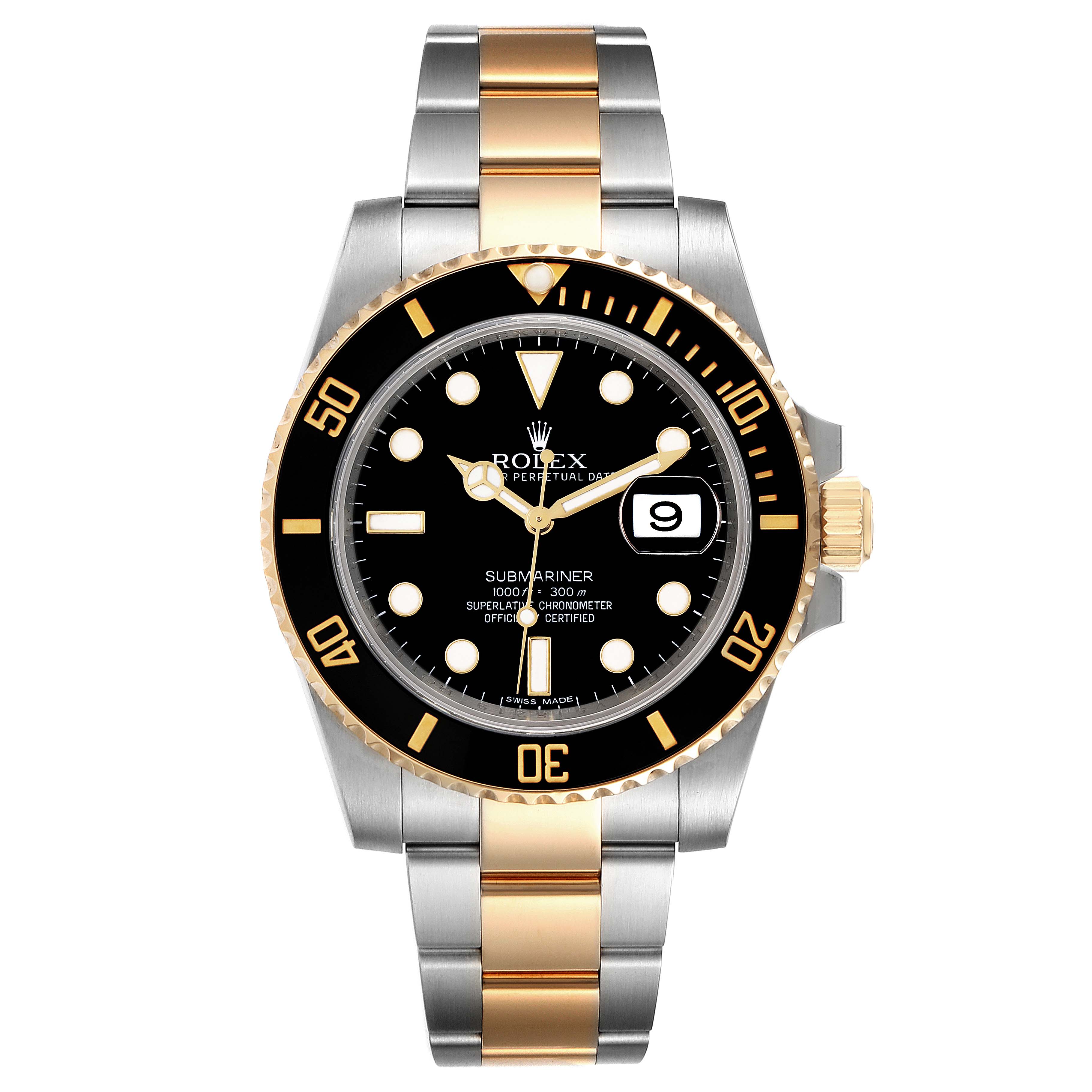 The image shows a Rolex Submariner 116613 Men's Steel and Gold (two tone) Black Dial 116613 Men's Steel and Gold (two tone) Black Dial watch with a black dial, gold and silver bracelet, and a date display at a front-facing angle.