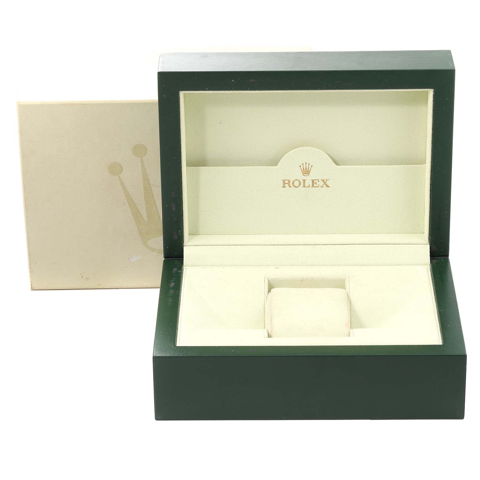 The image shows an open watch box for the Rolex Submariner 116613 Men's Steel and Gold (two tone) Black Dial 116613 Men's Steel and Gold (two tone) Black Dial model, displaying its interior and the slot for the watch.