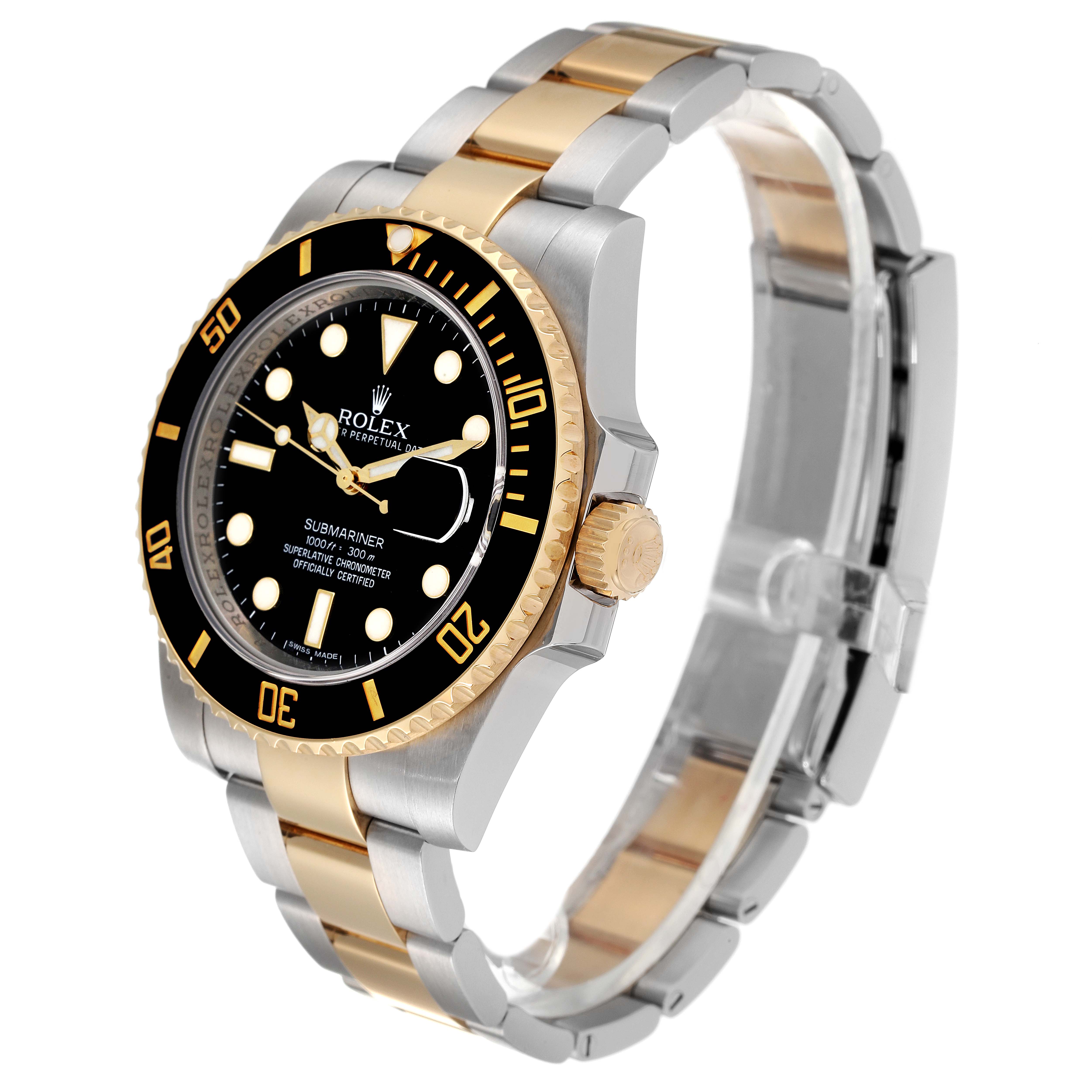 The image shows a Rolex Submariner 116613 Men's Steel and Gold (two tone) Black Dial 116613 Men's Steel and Gold (two tone) Black Dial watch in an angled side view, highlighting the case, dial, bezel, bracelet, and crown.
