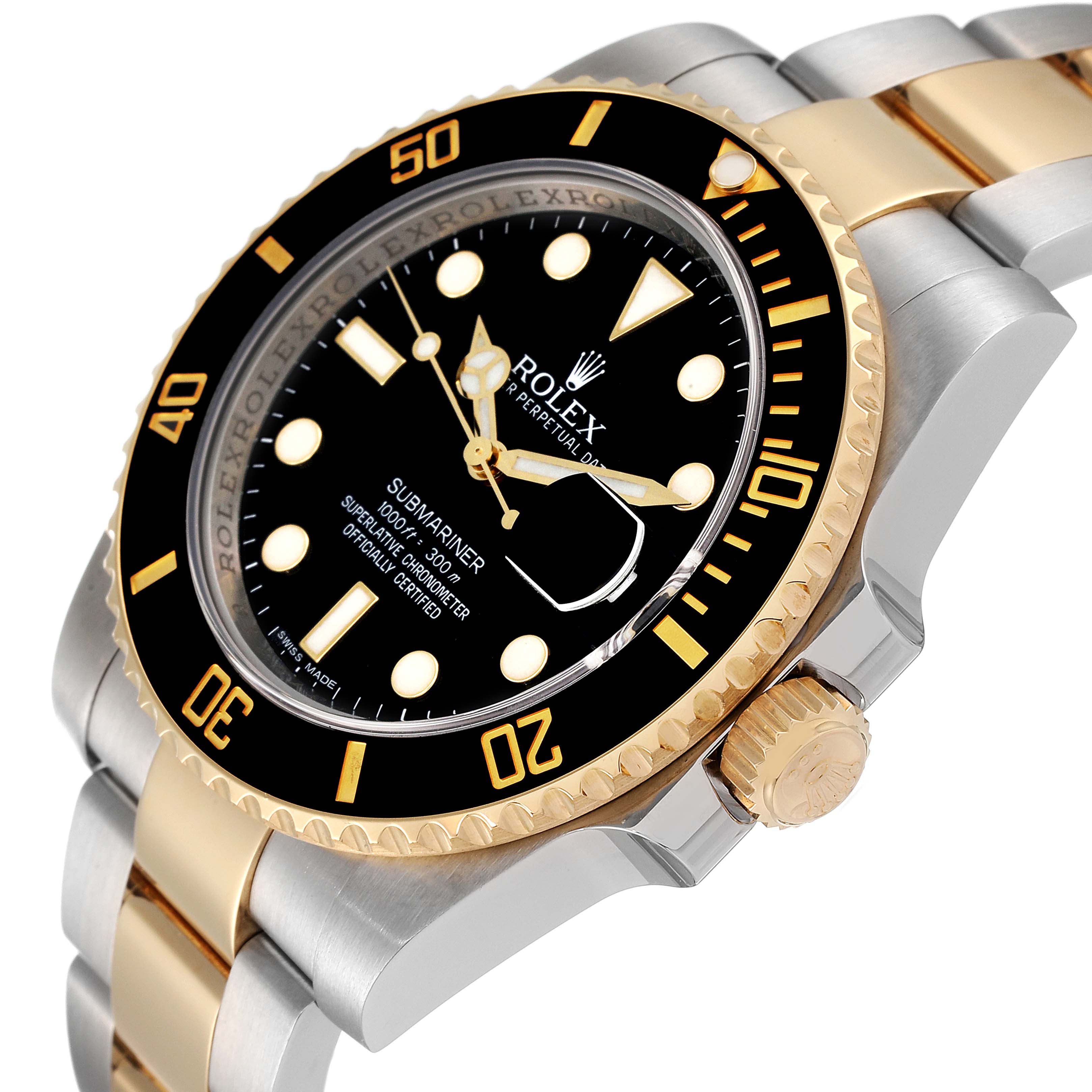 The image shows a close-up angle of the Rolex Submariner 116613 Men's Steel and Gold (two tone) Black Dial 116613 Men's Steel and Gold (two tone) Black Dial, highlighting the black dial, bezel, gold accents, and crown.