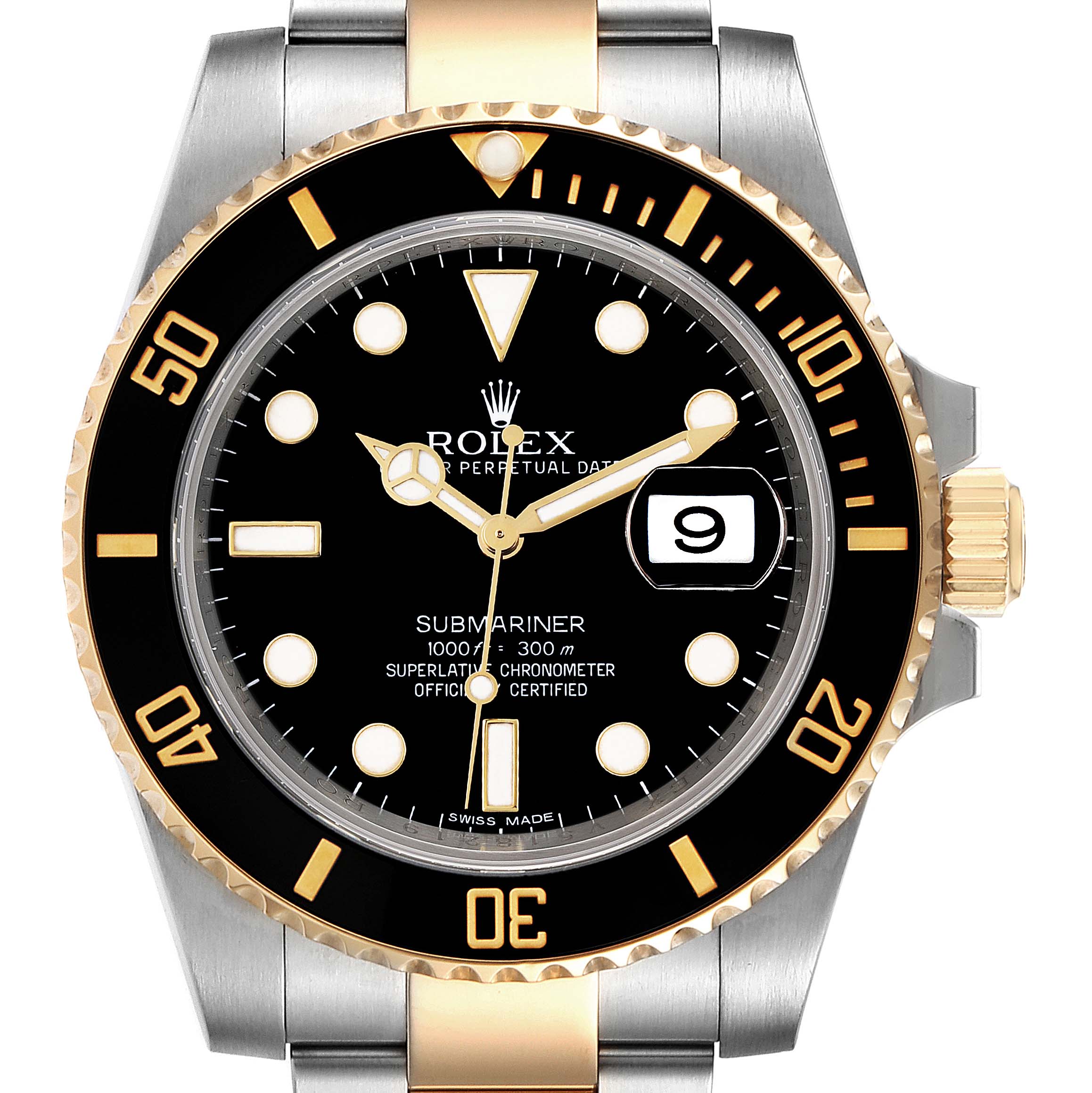 The image shows a front view of the Rolex Submariner 116613 Men's Steel and Gold (two tone) Black Dial 116613 Men's Steel and Gold (two tone) Black Dial watch, highlighting its black dial, gold accents, and date display.
