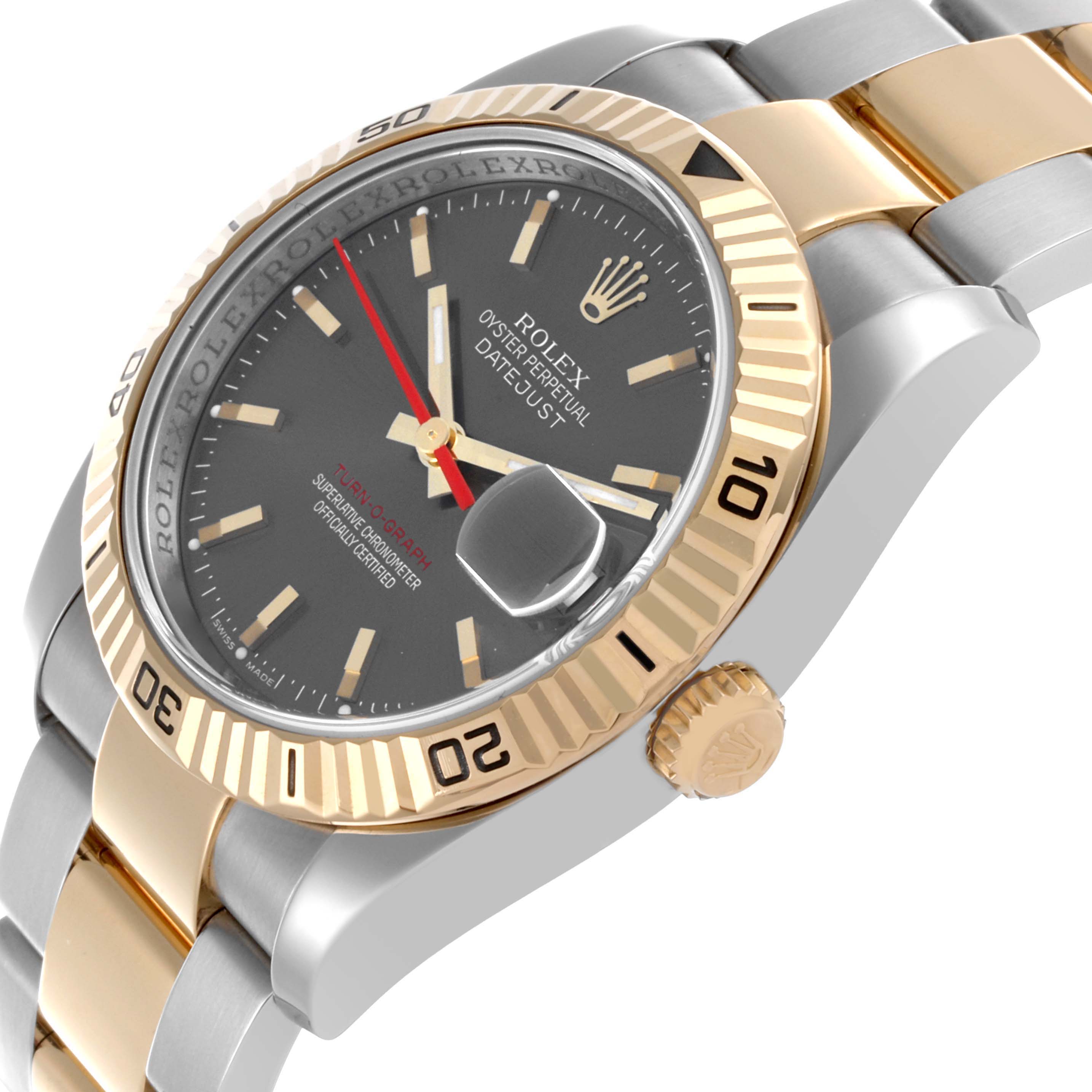 The image shows a Rolex Turn-o-Graph 116263 Men's Steel and Gold (two tone) Grey Dial 116263 Men's Steel and Gold (two tone) Grey Dial watch from a side angle, highlighting the bezel, crown, and bracelet.