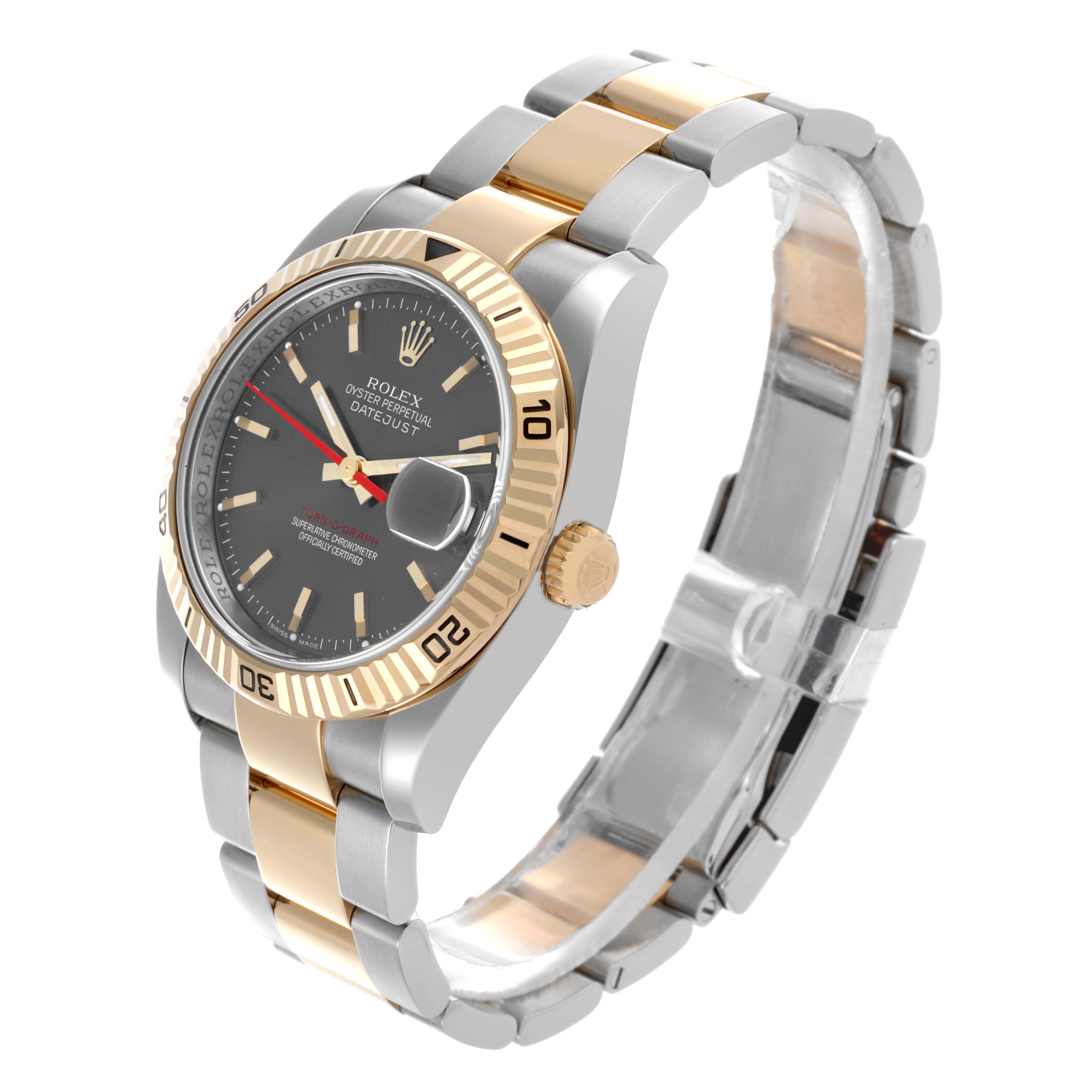 The Rolex Turn-o-Graph 116263 Men's Steel and Gold (two tone) Grey Dial 116263 Men's Steel and Gold (two tone) Grey Dial watch is shown at a three-quarter angle highlighting the bezel, face, crown, and bracelet links.