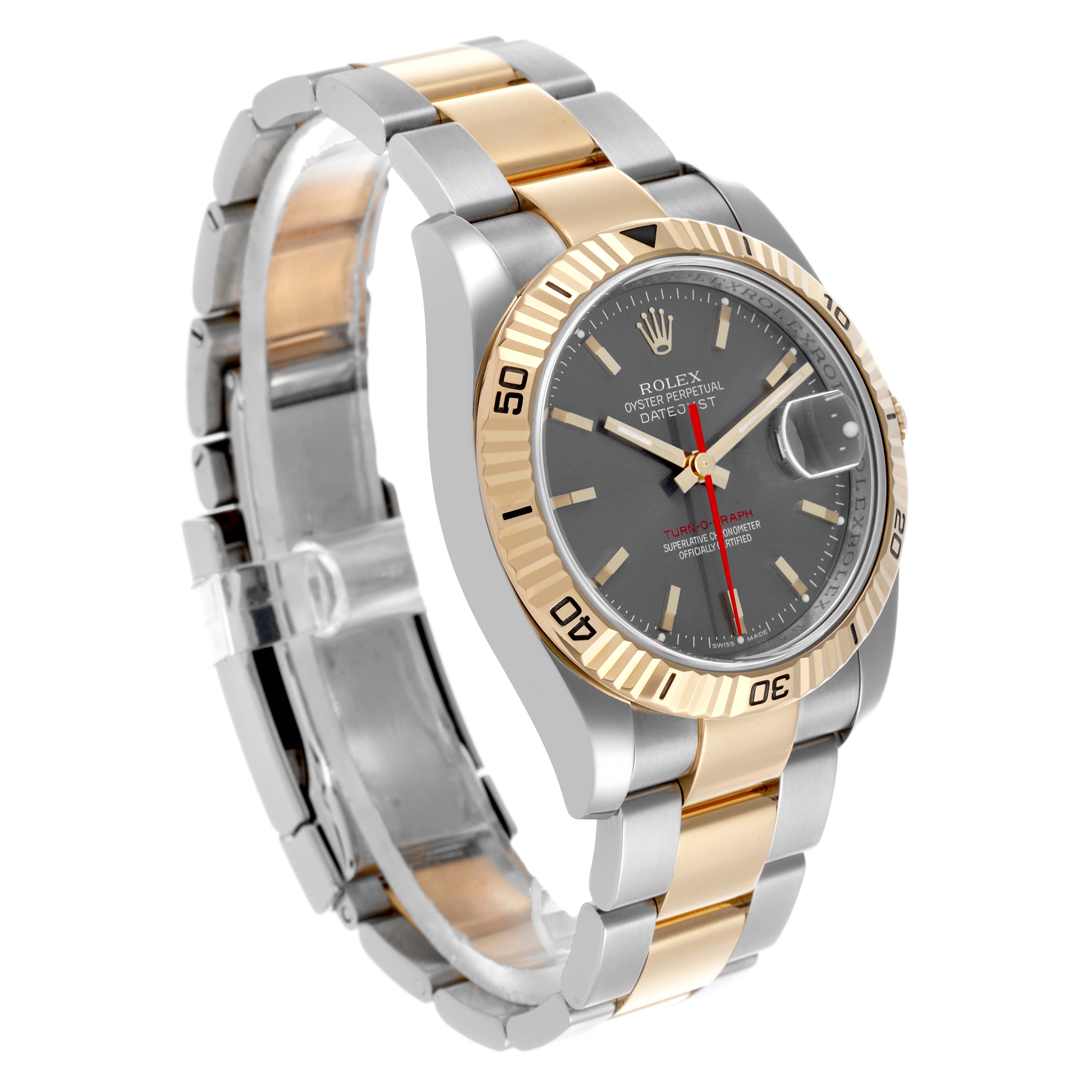 The Rolex Turn-o-Graph 116263 Men's Steel and Gold (two tone) Grey Dial 116263 Men's Steel and Gold (two tone) Grey Dial watch is shown at a 3/4 angle, highlighting the bezel, dial, bracelet, and crown.