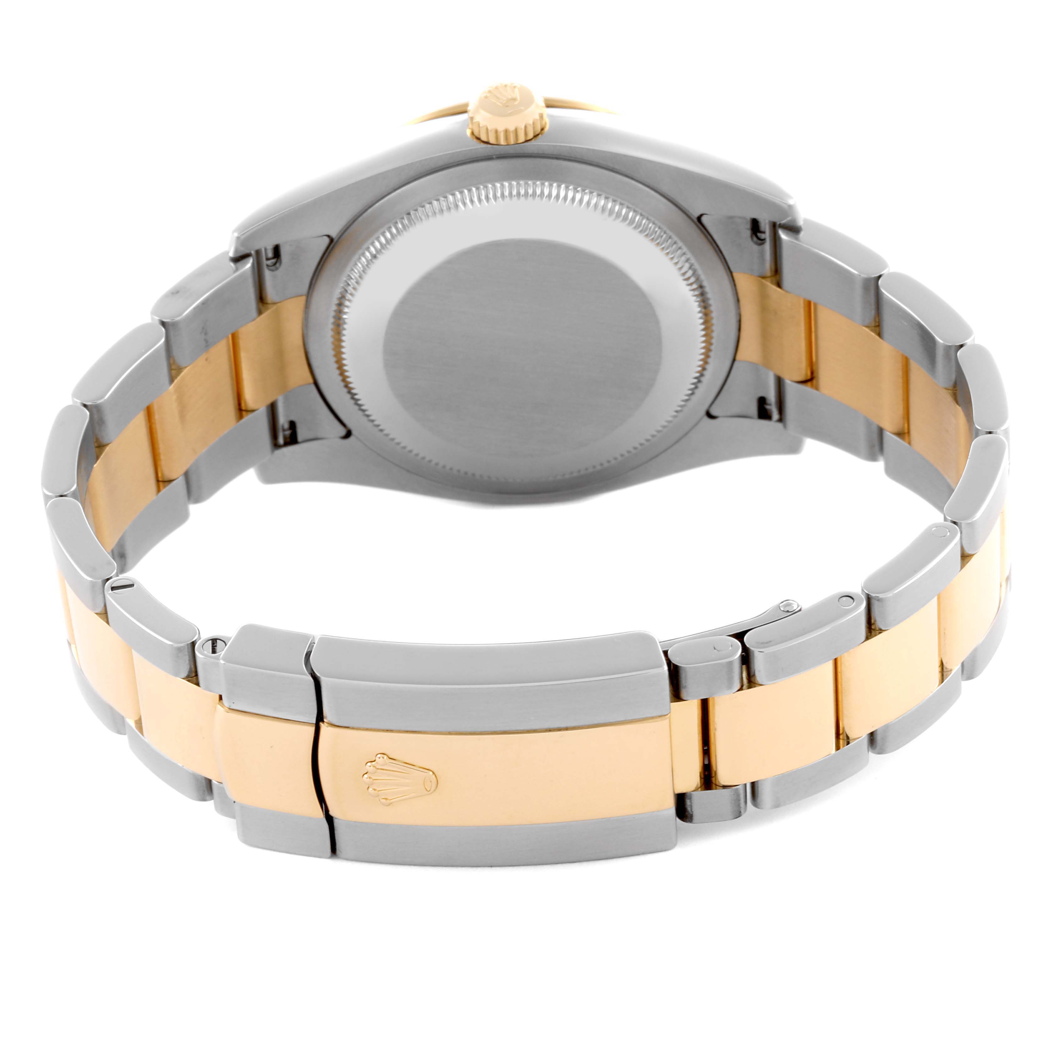 The Rolex Turn-o-Graph 116263 Men's Steel and Gold (two tone) Grey Dial 116263 Men's Steel and Gold (two tone) Grey Dial is shown from the rear, highlighting the case back and two-tone bracelet.