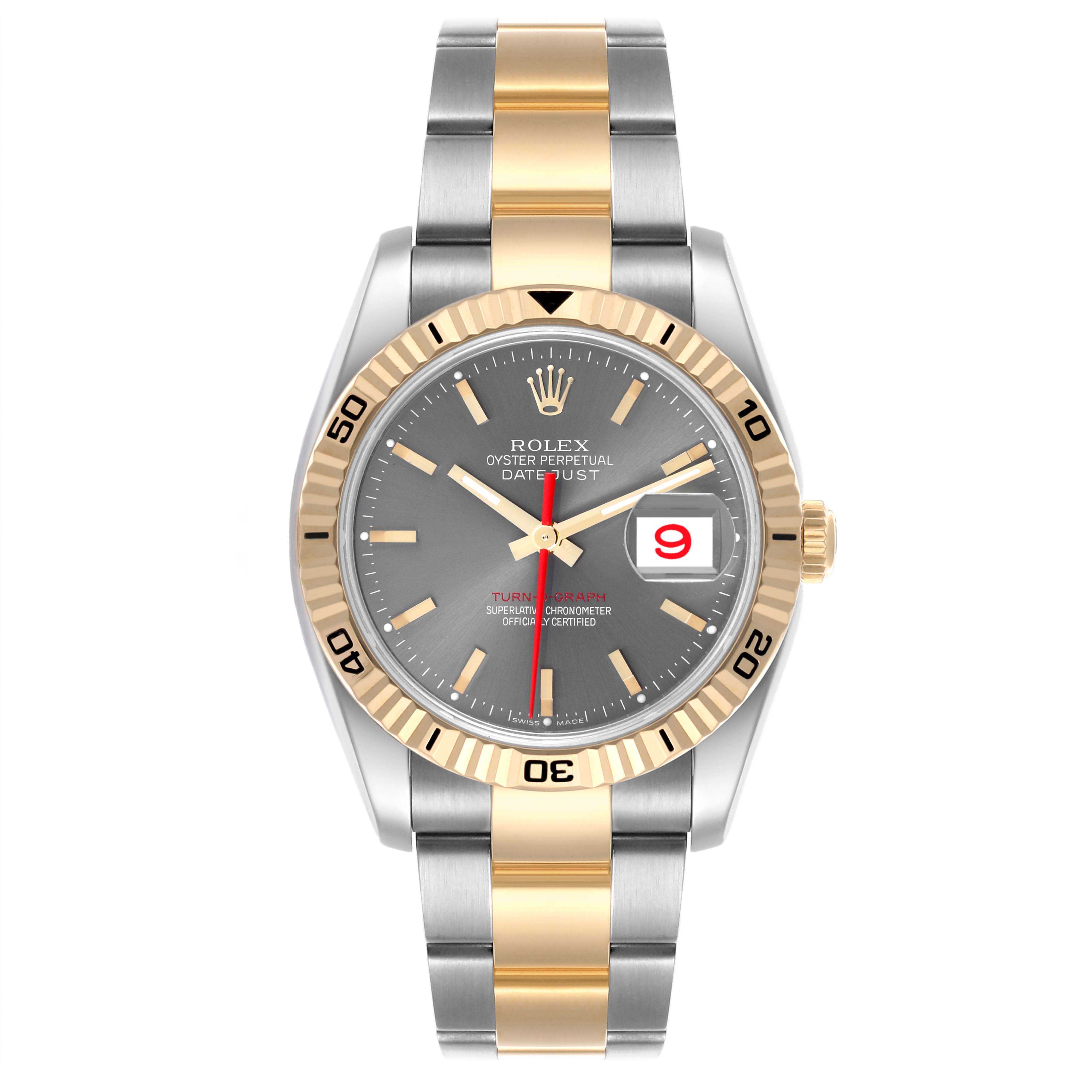 The Rolex Turn-o-Graph 116263 Men's Steel and Gold (two tone) Grey Dial 116263 Men's Steel and Gold (two tone) Grey Dial watch is shown from a front angle, displaying the dial, bezel, and two-tone bracelet.