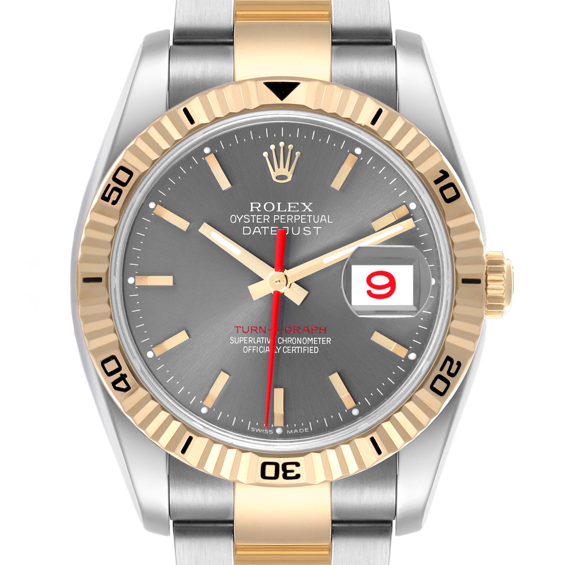 The Rolex Turn-o-Graph 116263 Men's Steel and Gold (two tone) Grey Dial 116263 Men's Steel and Gold (two tone) Grey Dial watch is shown from the front, highlighting its dial, bezel, and part of the bracelet.