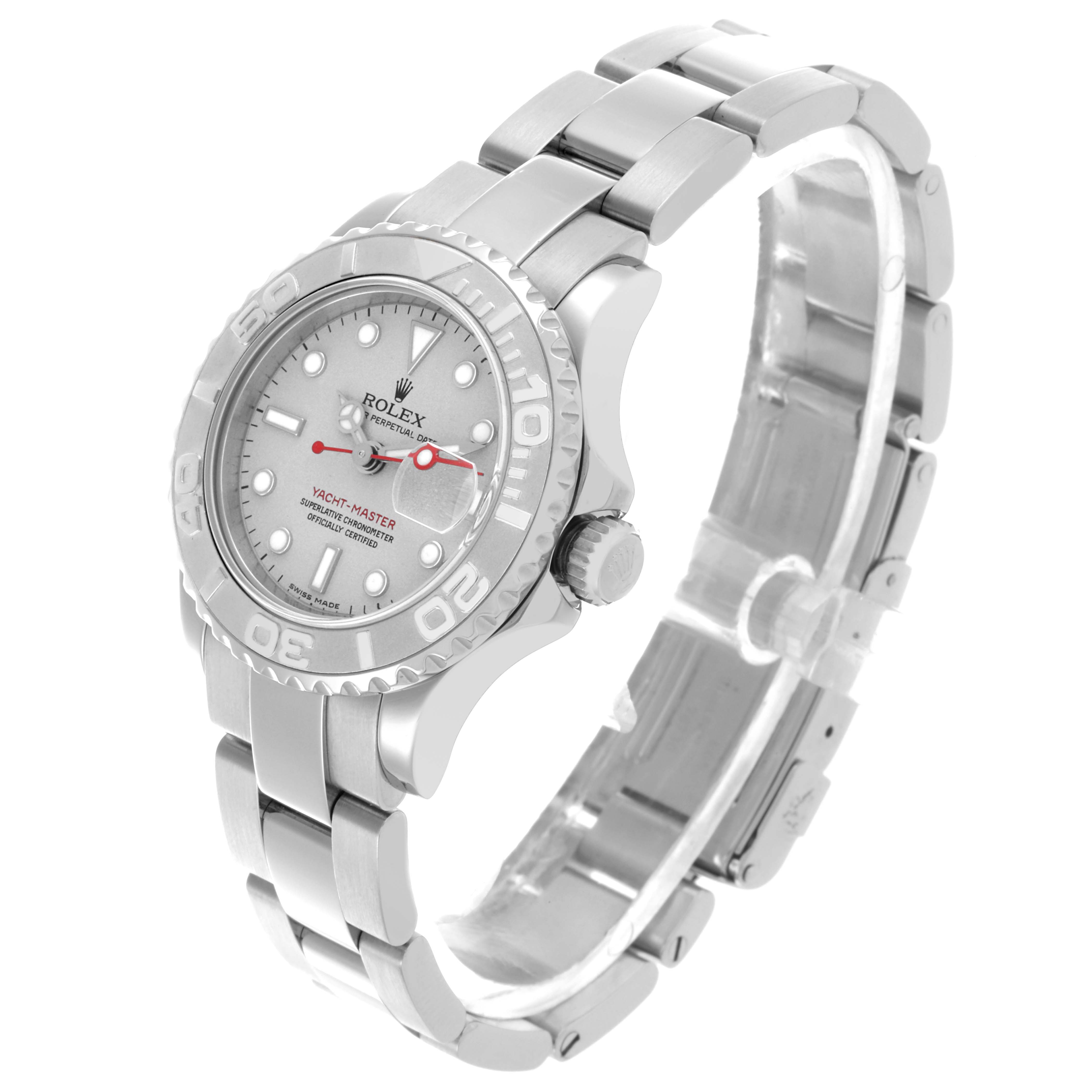 The image shows a side angle of the Rolex Yacht-Master 169622 Women
s Stainless Steel Silver Dial 169622 Women
s Stainless Steel Silver Dial, highlighting the face, bezel, and bracelet.