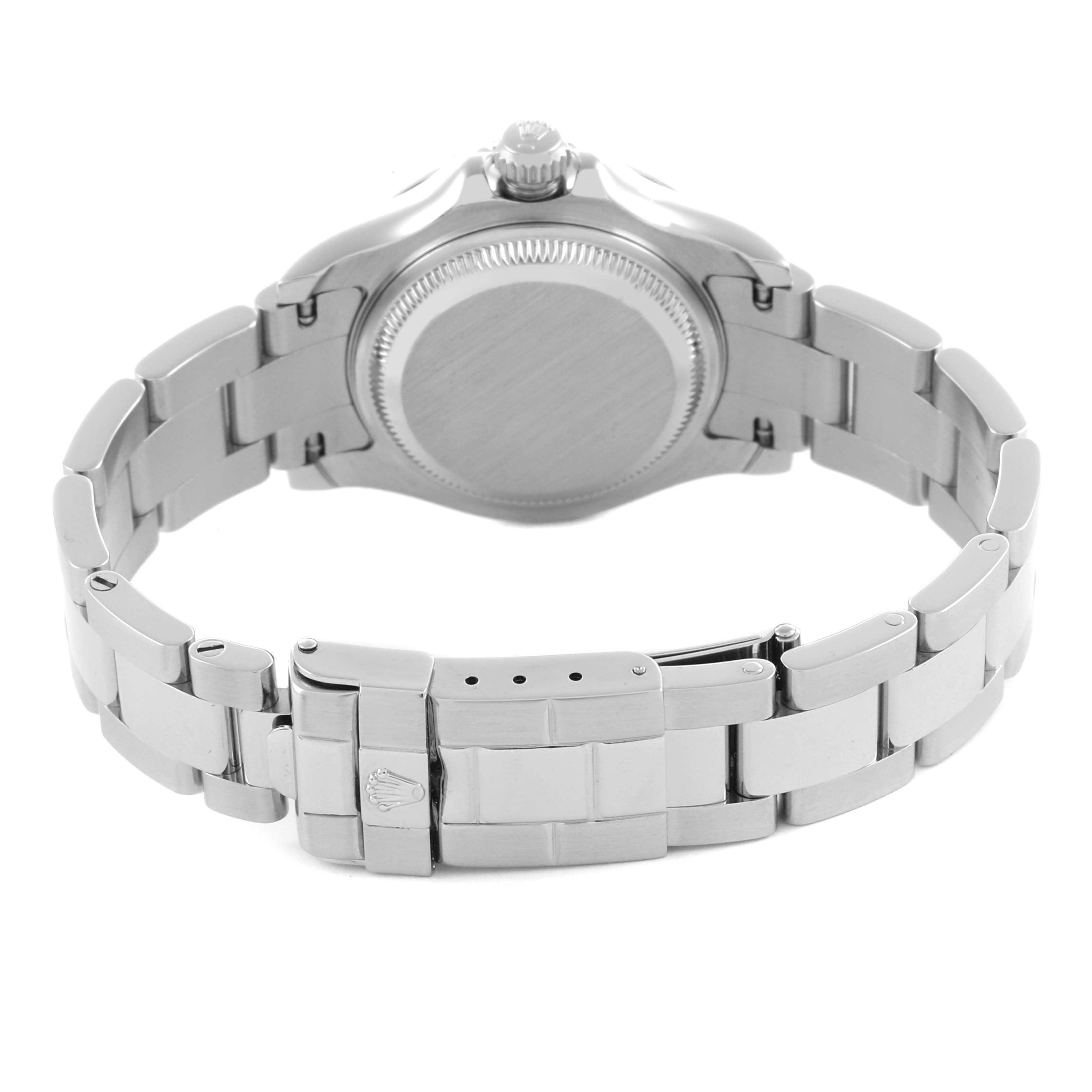 The image shows the back view of a Rolex Yacht-Master 169622 Women
s Stainless Steel Silver Dial 169622 Women
s Stainless Steel Silver Dial watch, highlighting the case back, bracelet, and clasp.