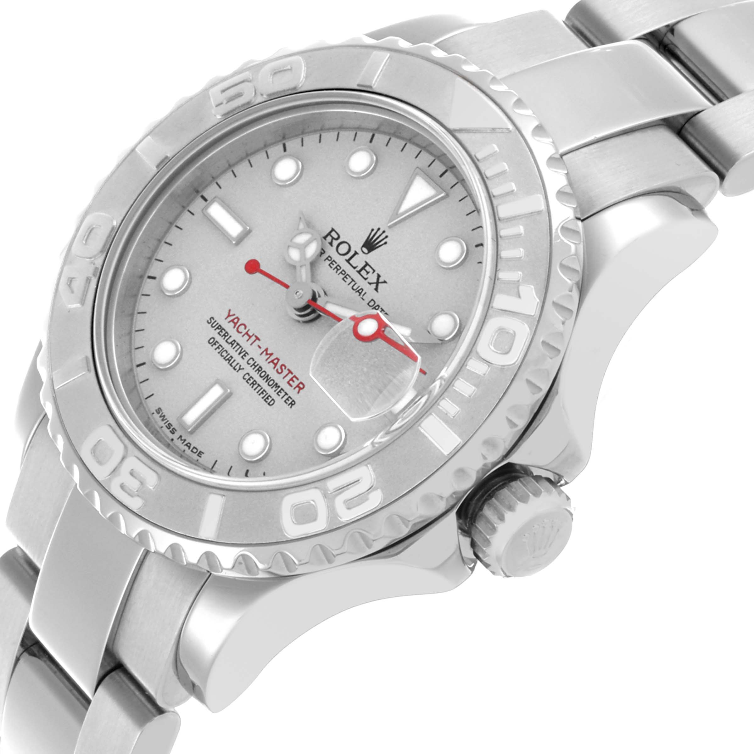 The Rolex Yacht-Master 169622 Women
s Stainless Steel Silver Dial 169622 Women
s Stainless Steel Silver Dial watch is shown at an angled view highlighting the bezel, dial, crown, and part of the bracelet.