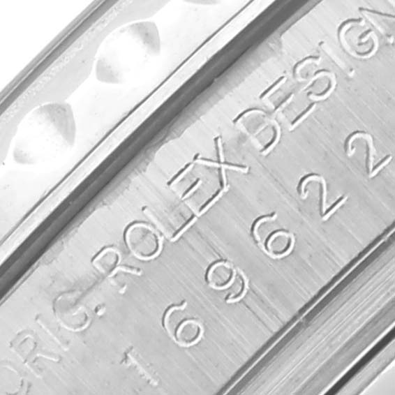 The image shows a close-up of the engraved inner bezel of a Rolex Yacht-Master 169622 Women
s Stainless Steel Silver Dial 169622 Women
s Stainless Steel Silver Dial watch.