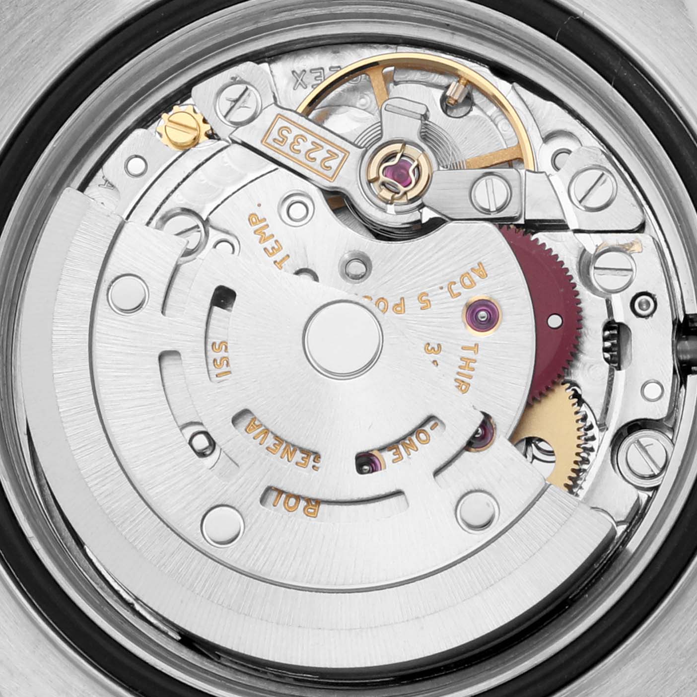 The image shows the intricate movement mechanism of a Rolex Yacht-Master 169622 Women
s Stainless Steel Silver Dial 169622 Women
s Stainless Steel Silver Dial watch from a top-down angle.