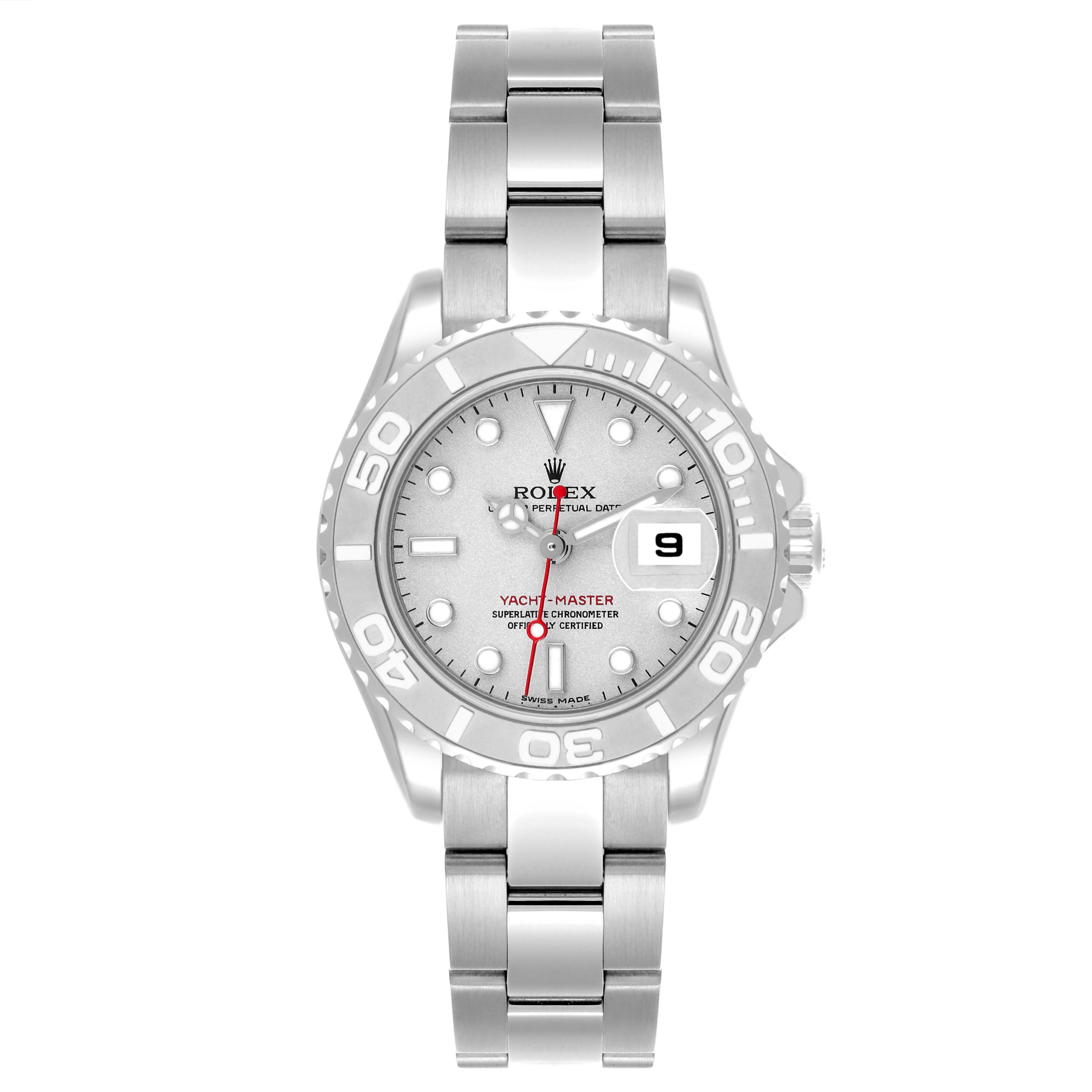 The Rolex Yacht-Master 169622 Women
s Stainless Steel Silver Dial 169622 Women
s Stainless Steel Silver Dial watch is shown from the front, displaying its dial, bezel, and bracelet.