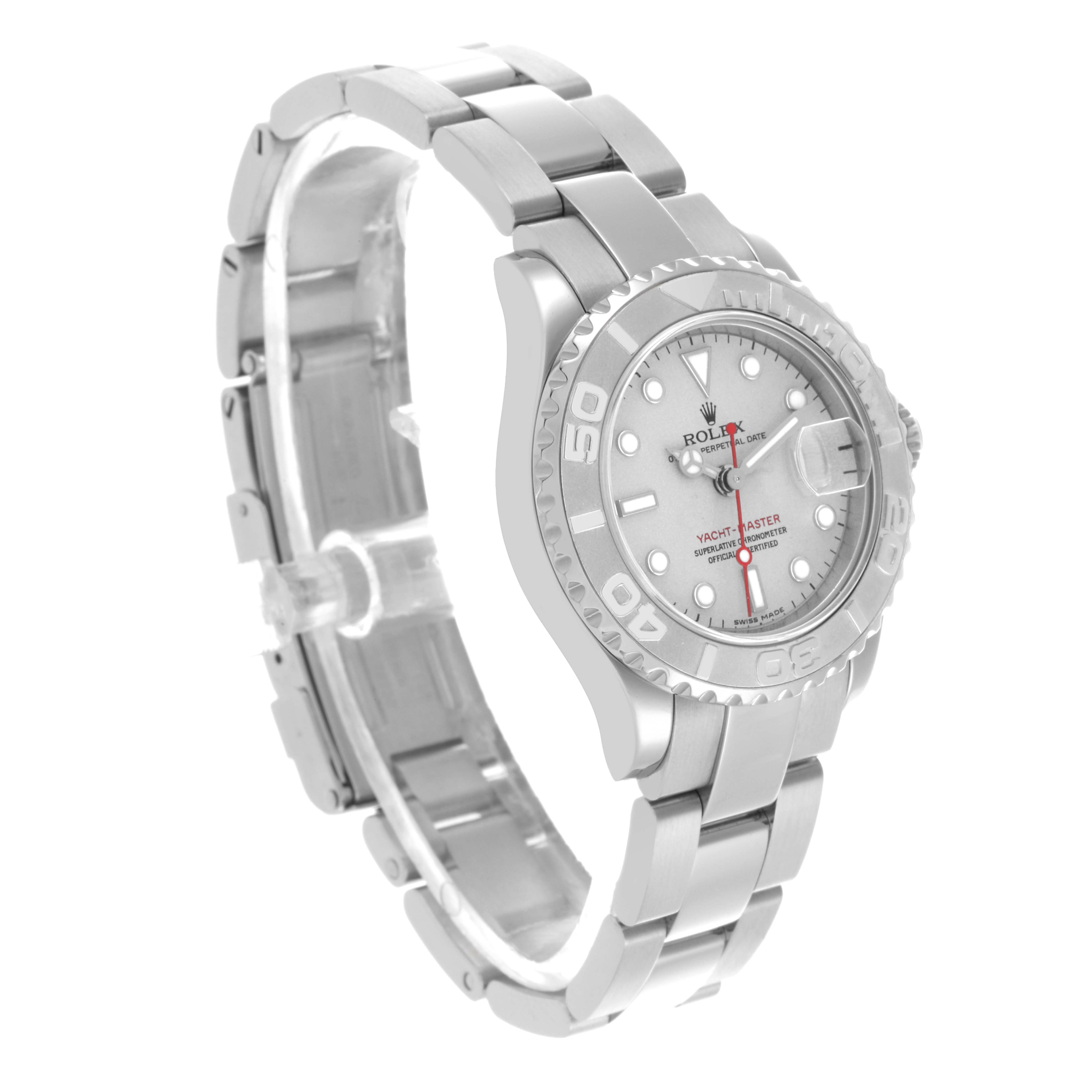 The Rolex Yacht-Master 169622 Women
s Stainless Steel Silver Dial 169622 Women
s Stainless Steel Silver Dial watch is shown at a three-quarter angle, highlighting the dial, bezel, and part of the bracelet.