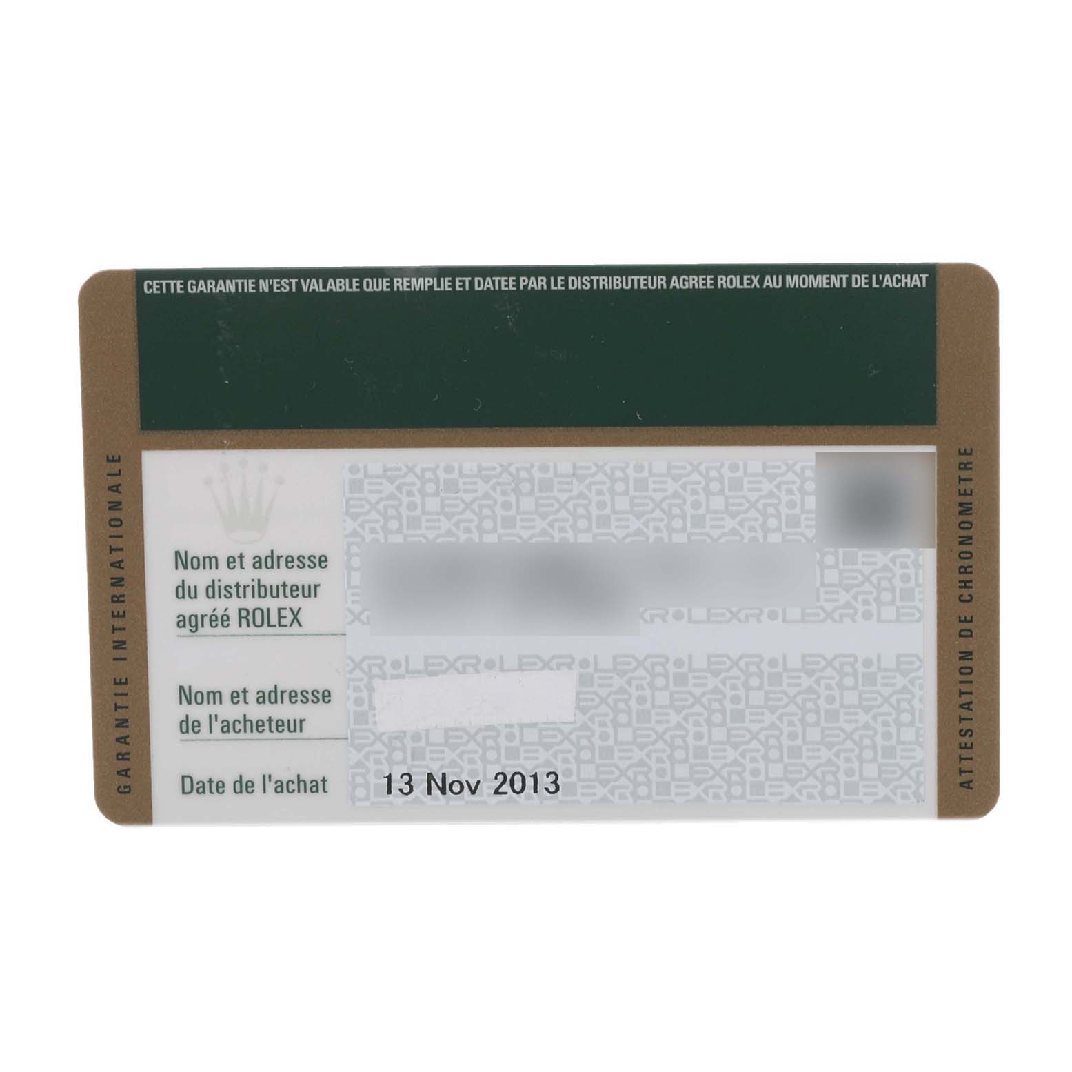 The image shows a warranty card for the Rolex Yacht-Master 169622 Women
s Stainless Steel Silver Dial 169622 Women
s Stainless Steel Silver Dial watch, with purchase date and distributor details.