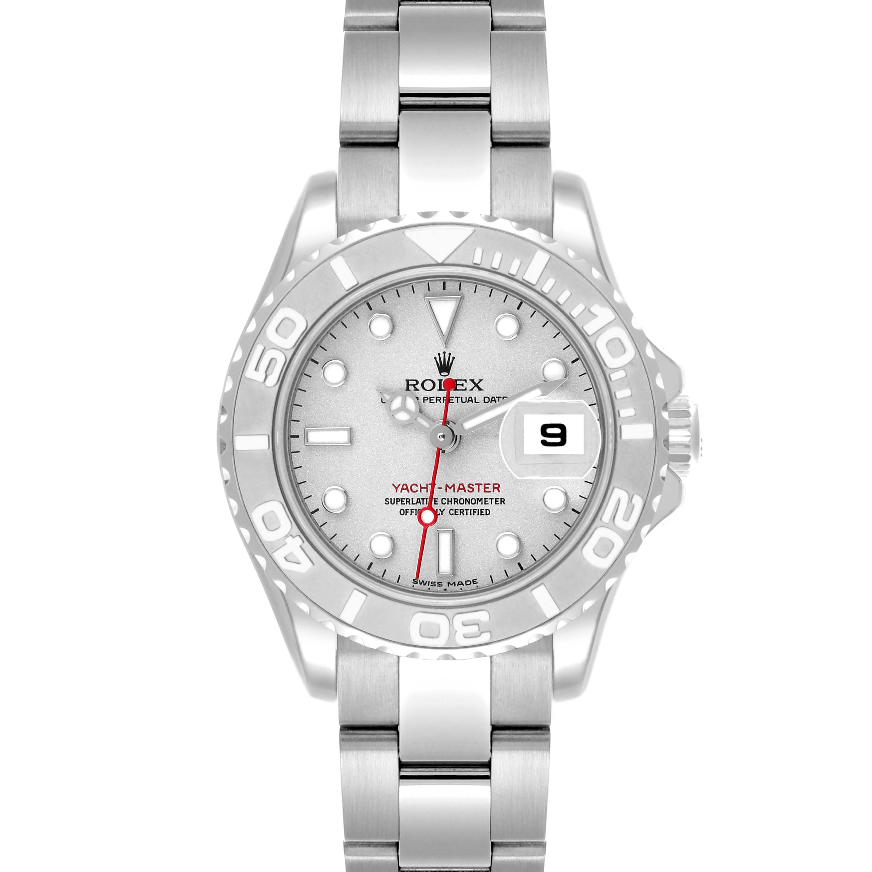 The Rolex Yacht-Master 169622 Women
s Stainless Steel Silver Dial 169622 Women
s Stainless Steel Silver Dial watch is shown from a front angle, displaying its face, bezel, and part of its bracelet.