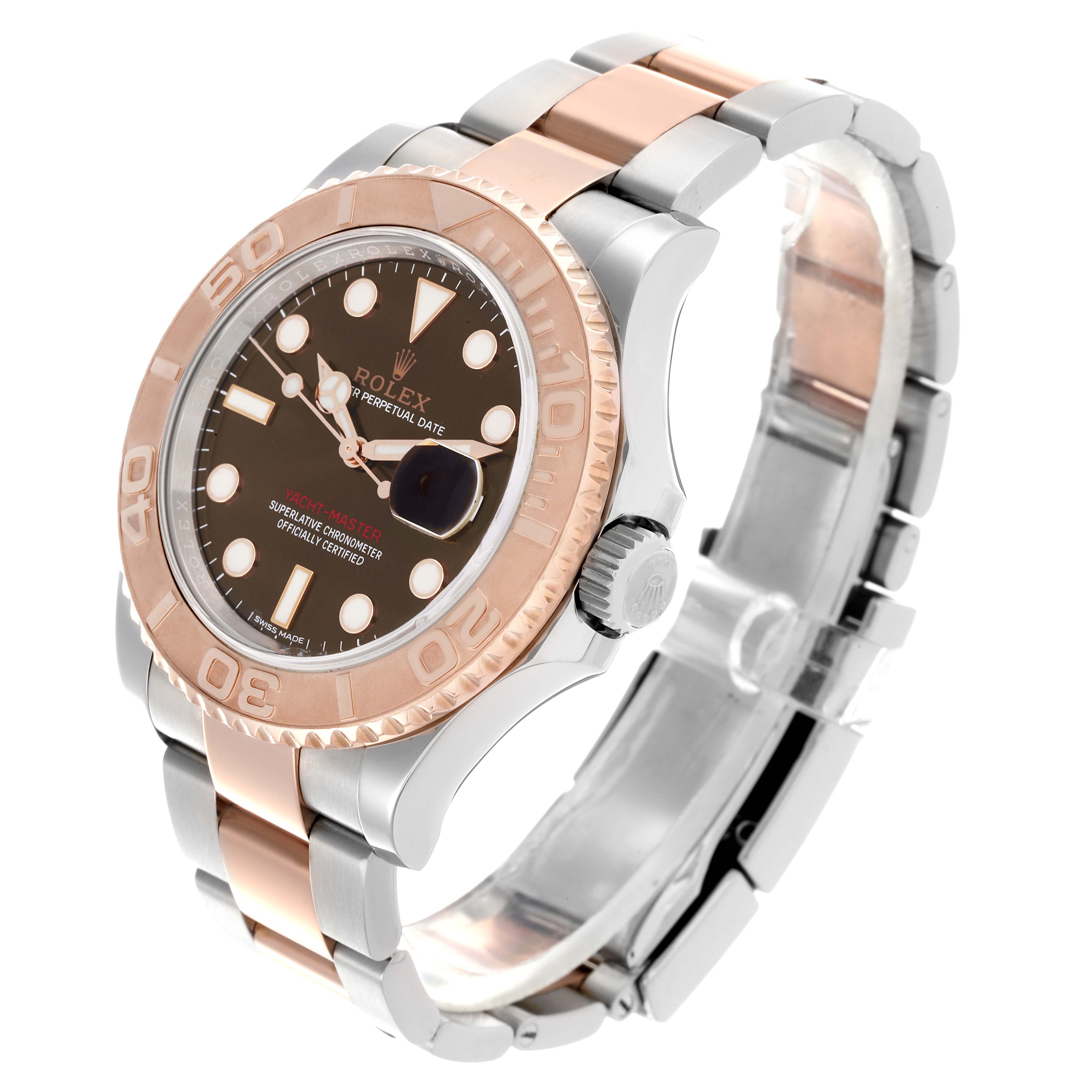 The Rolex Yacht-Master 116621 Men's Steel and Gold (two tone) Brown Dial 116621 Men's Steel and Gold (two tone) Brown Dial is shown at a three-quarter angle, displaying the face, bezel, and two-tone bracelet.