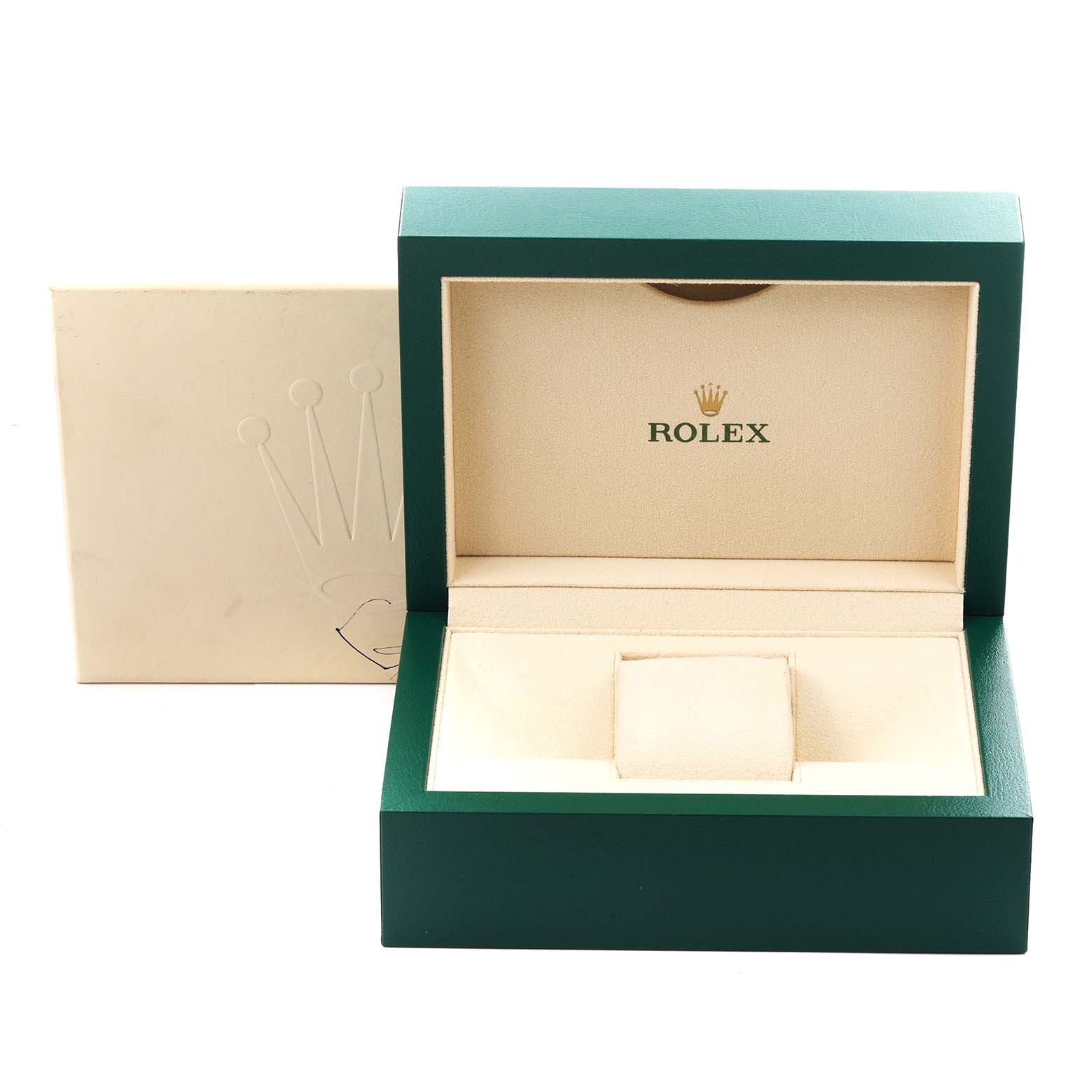 The image shows an open Rolex watch box for the Yacht-Master model, highlighting the interior and brand logo.
