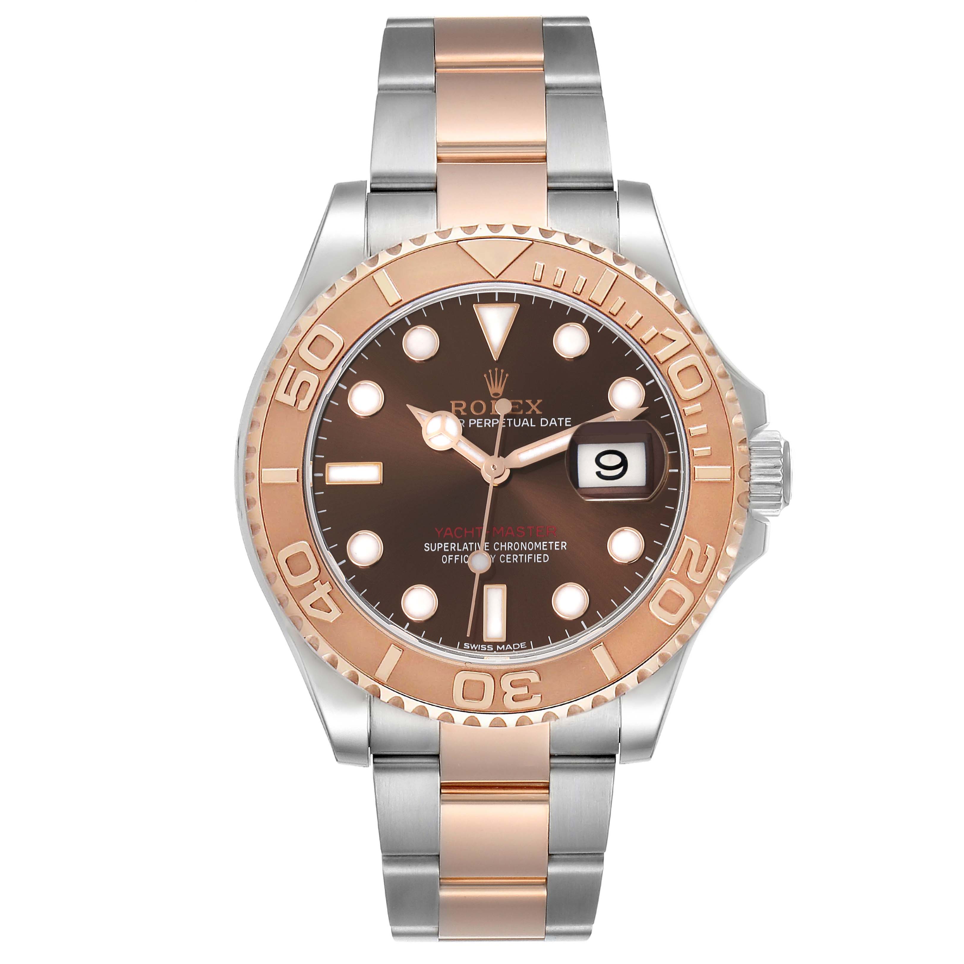 The Rolex Yacht-Master 116621 Men's Steel and Gold (two tone) Brown Dial 116621 Men's Steel and Gold (two tone) Brown Dial watch is shown from a front view, displaying the face, bezel, and bracelet.