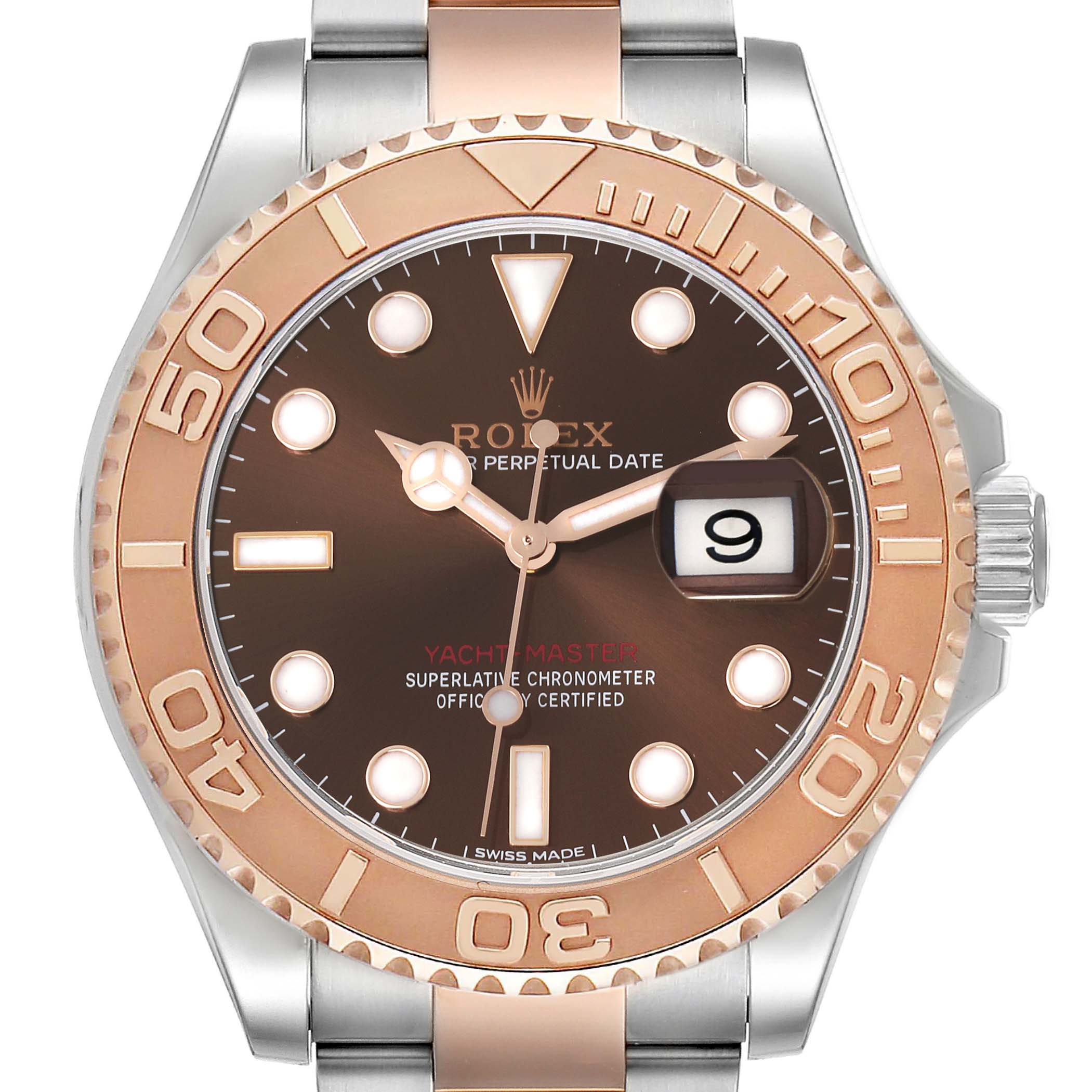 The Rolex Yacht-Master 116621 Men's Steel and Gold (two tone) Brown Dial 116621 Men's Steel and Gold (two tone) Brown Dial watch is shown from the front, displaying its dial, bezel, and crown.
