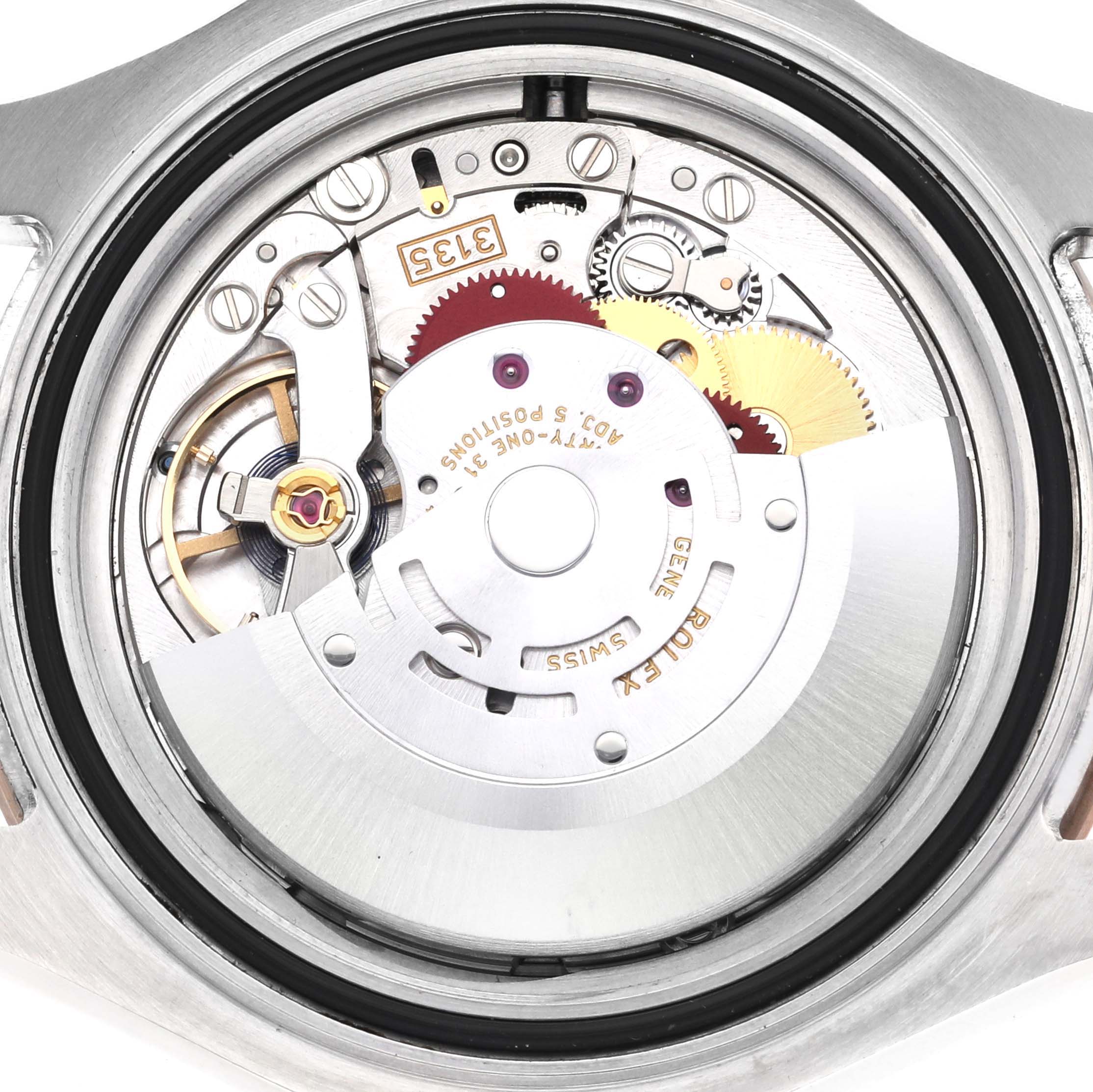 The image shows the intricate movement and gears of a Rolex Yacht-Master 116621 Men's Steel and Gold (two tone) Brown Dial 116621 Men's Steel and Gold (two tone) Brown Dial watch, viewed from the back.