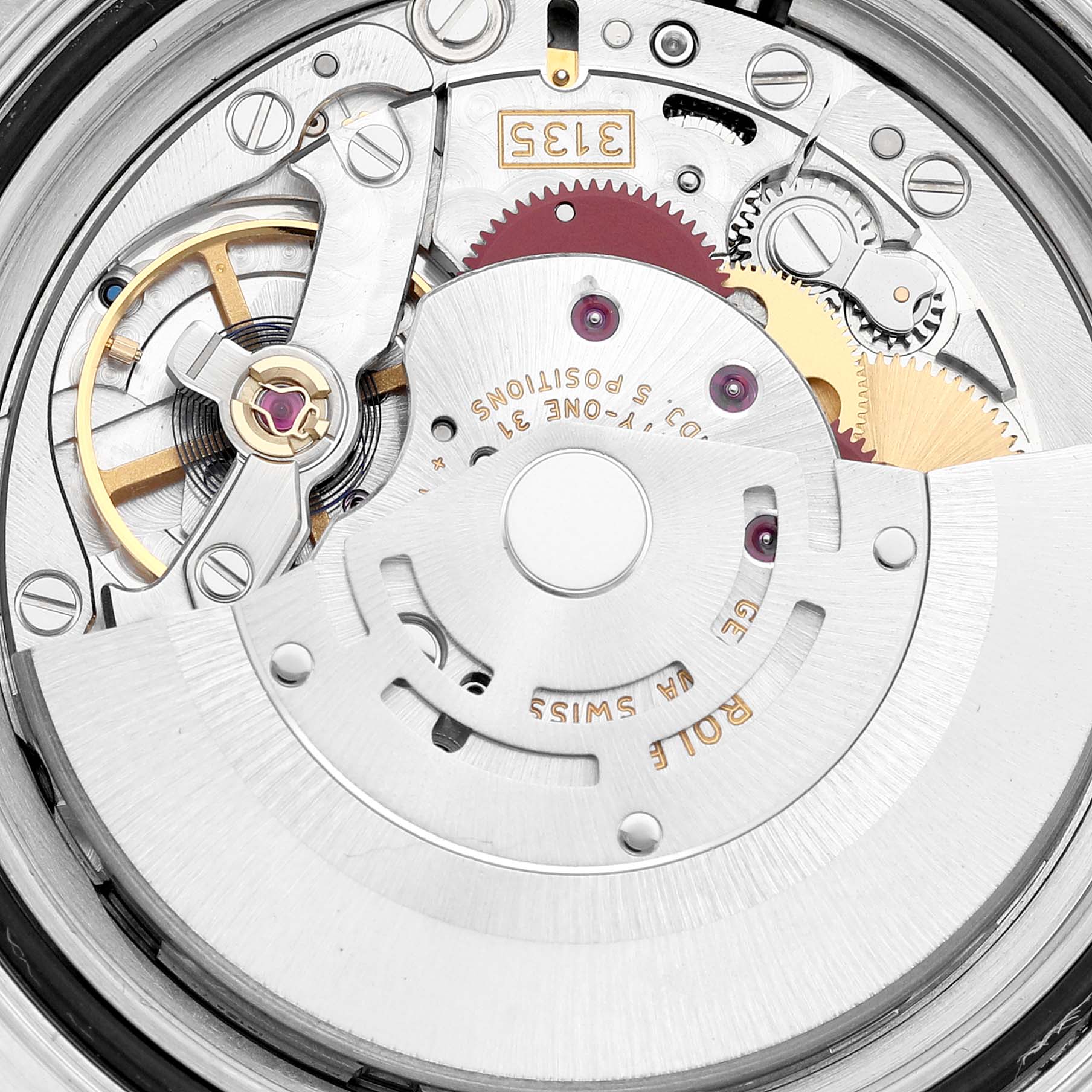 This image shows the inner mechanism of a Rolex Yacht-Master 16623 Men's Steel and Gold (two tone) Grey Dial 16623 Men's Steel and Gold (two tone) Grey Dial watch from a close-up angle.