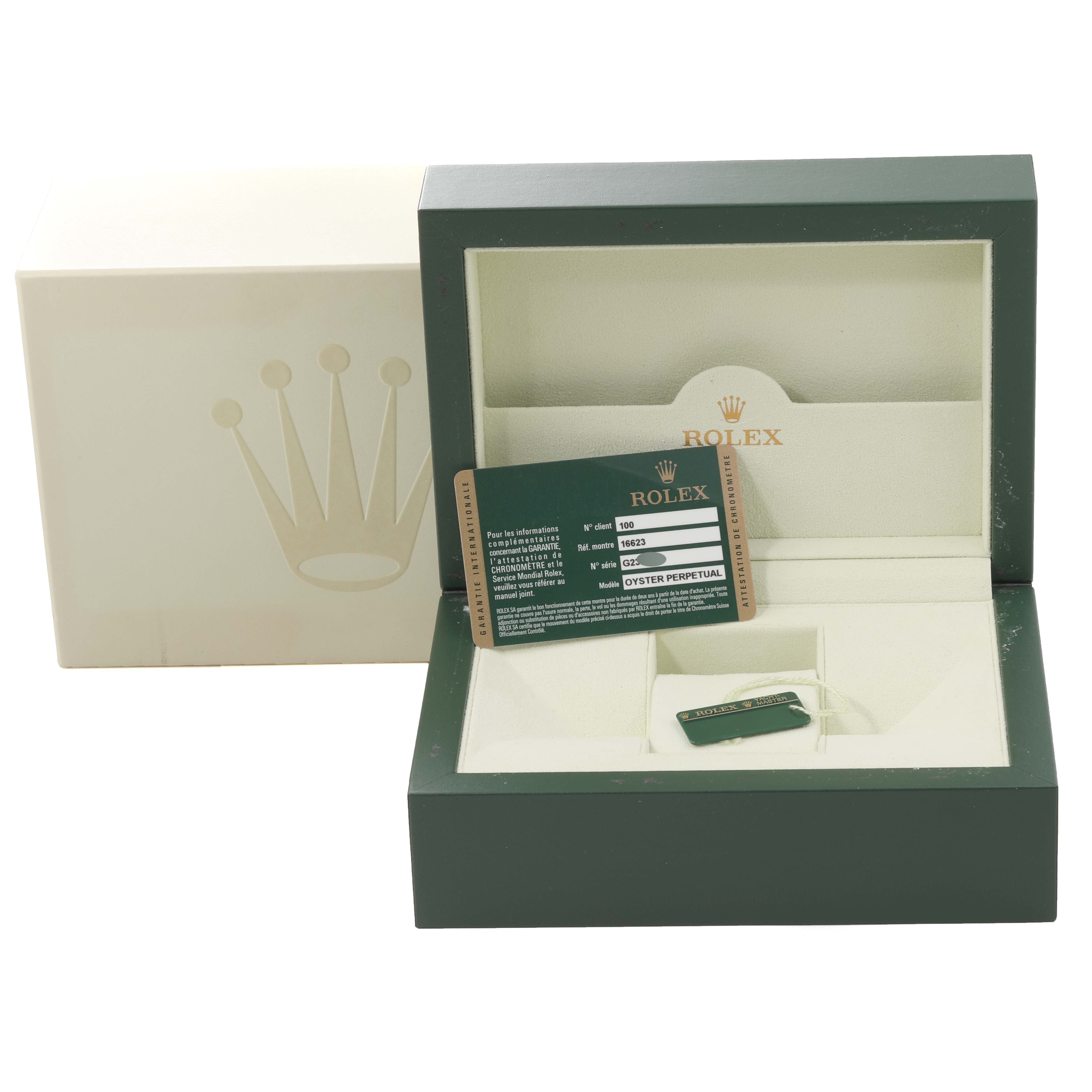 The image shows the packaging and accessories for a Rolex Yacht-Master 16623 Men's Steel and Gold (two tone) Grey Dial 16623 Men's Steel and Gold (two tone) Grey Dial, including the box, card, and tag, viewed from the front.