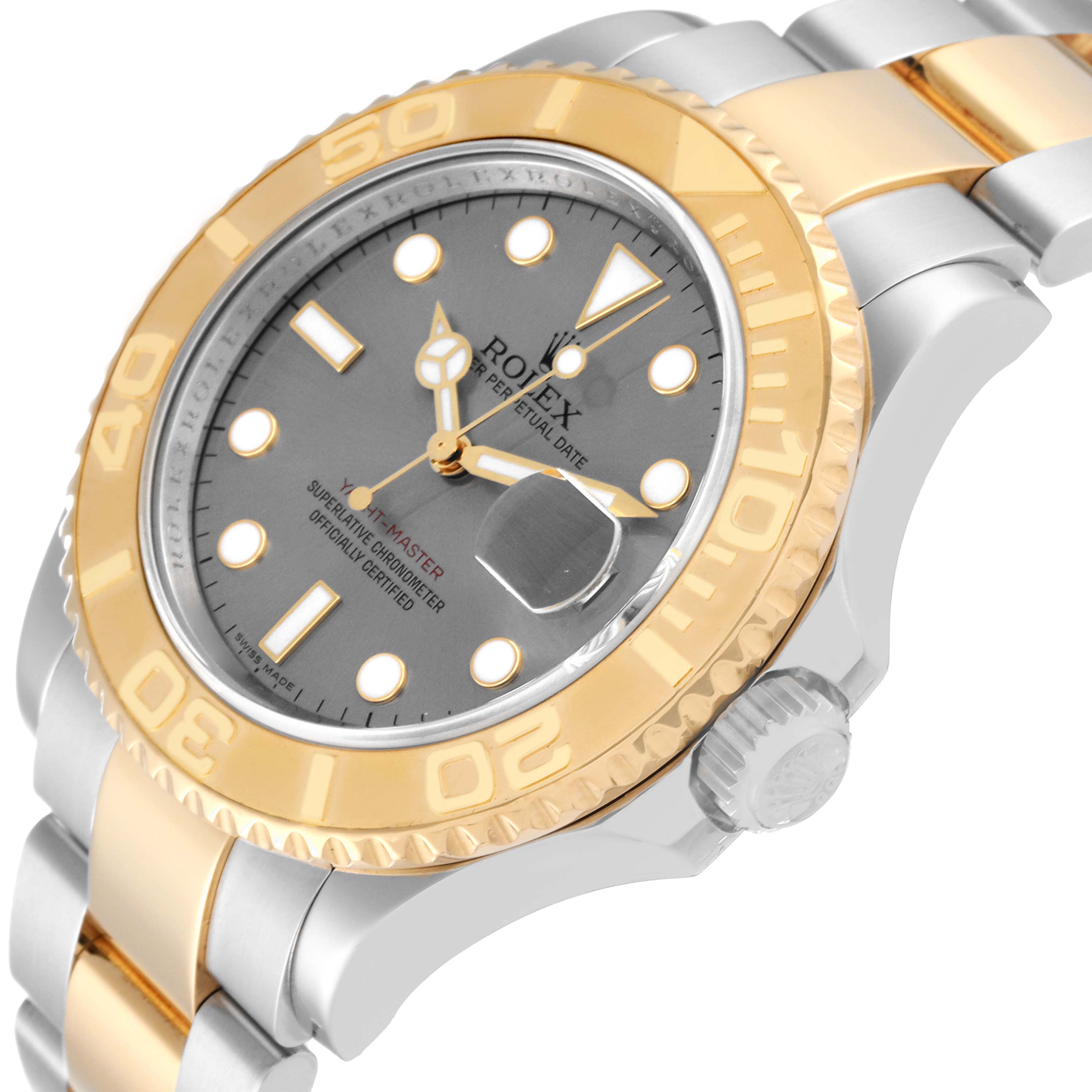 This image shows an angled view of the Rolex Yacht-Master 16623 Men's Steel and Gold (two tone) Grey Dial 16623 Men's Steel and Gold (two tone) Grey Dial watch, displaying the face, bezel, crown, and bracelet.