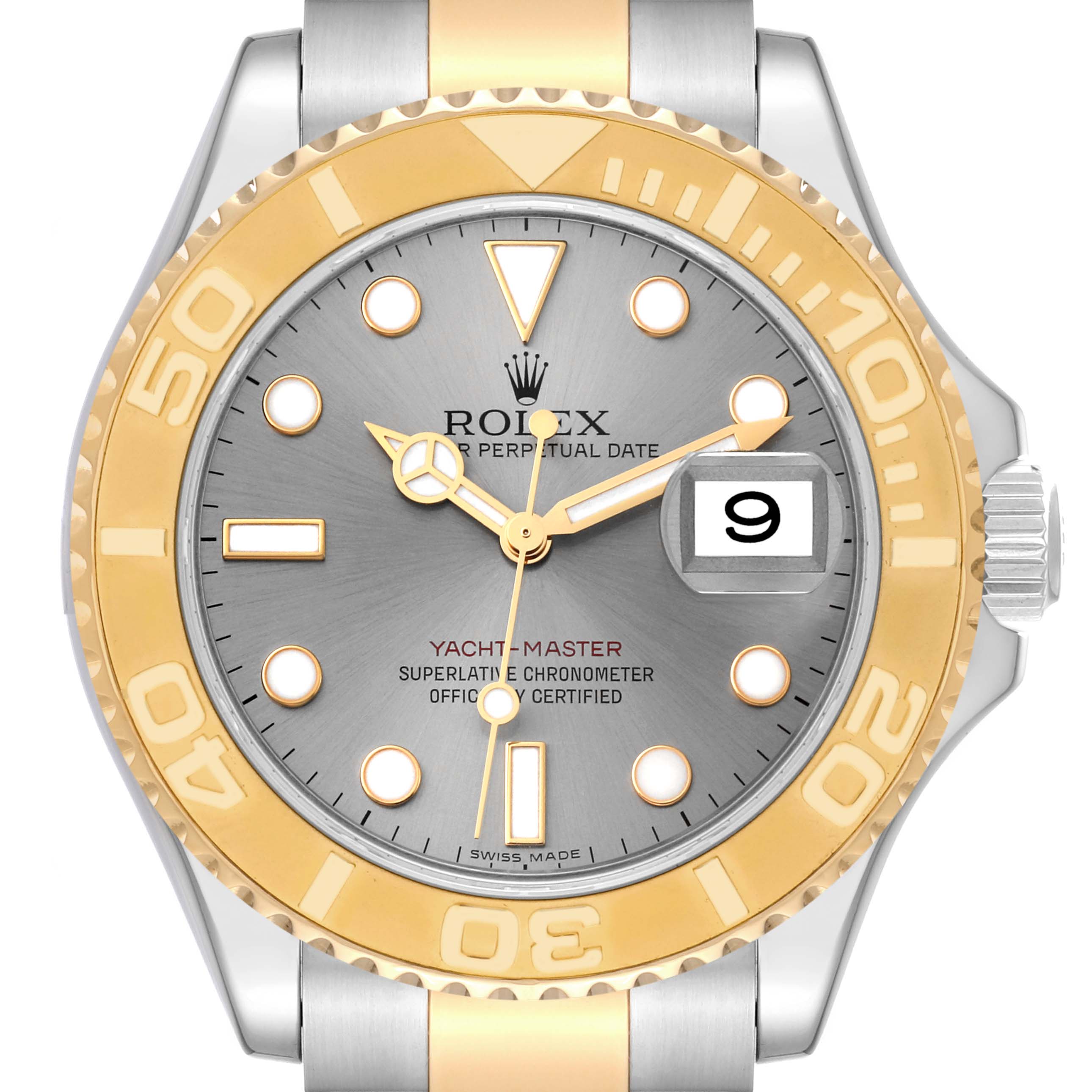 The image shows a front view of a Rolex Yacht-Master 16623 Men's Steel and Gold (two tone) Grey Dial 16623 Men's Steel and Gold (two tone) Grey Dial watch, highlighting its face, bezel, and bracelet.